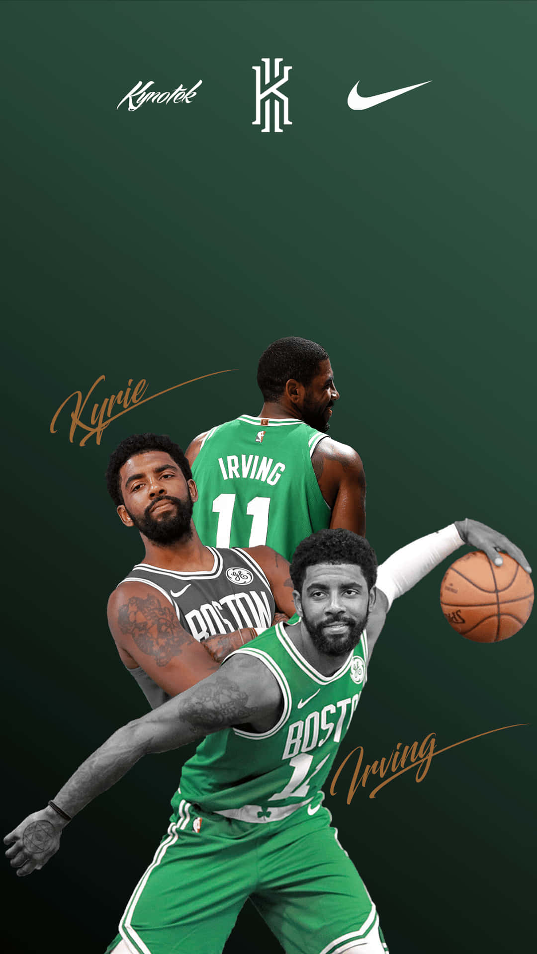 Kyrie Irving 身穿波士頓塞爾特人隊服，以多個動作姿勢運球。