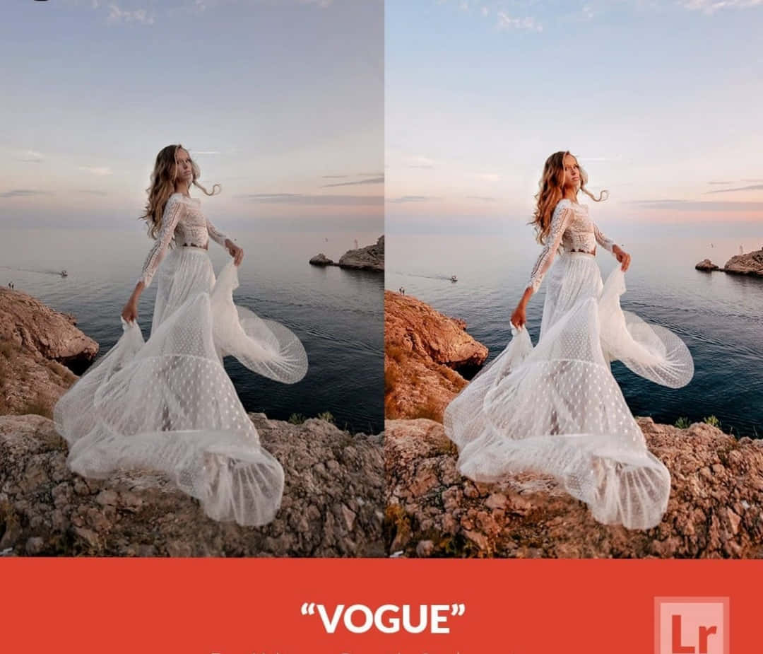 以 Lightroom 預設套件發揮創意 壁紙 — 一位身穿飄逸白色連衣裙的女性在日落時分站在岩石懸崖上，她的裙擺在海面上隨風飄揚。