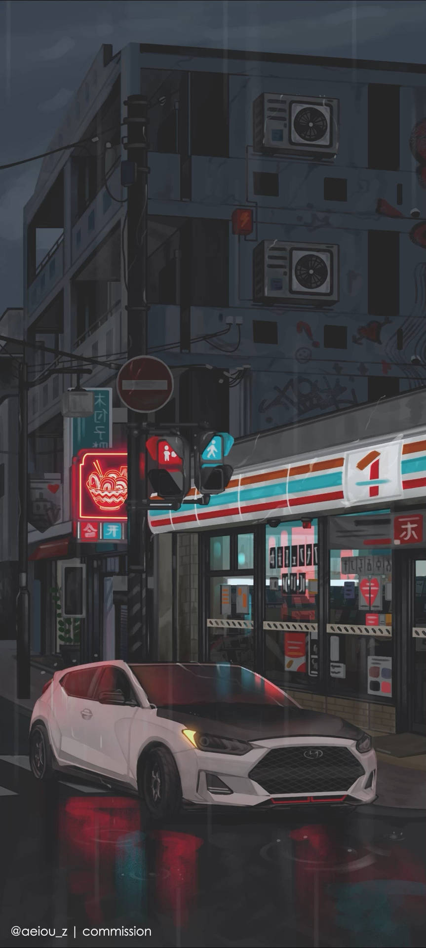 白色汽車停在濕漉漉的街道上，夜晚在日本城市中閃爍的霓虹燈招牌下。