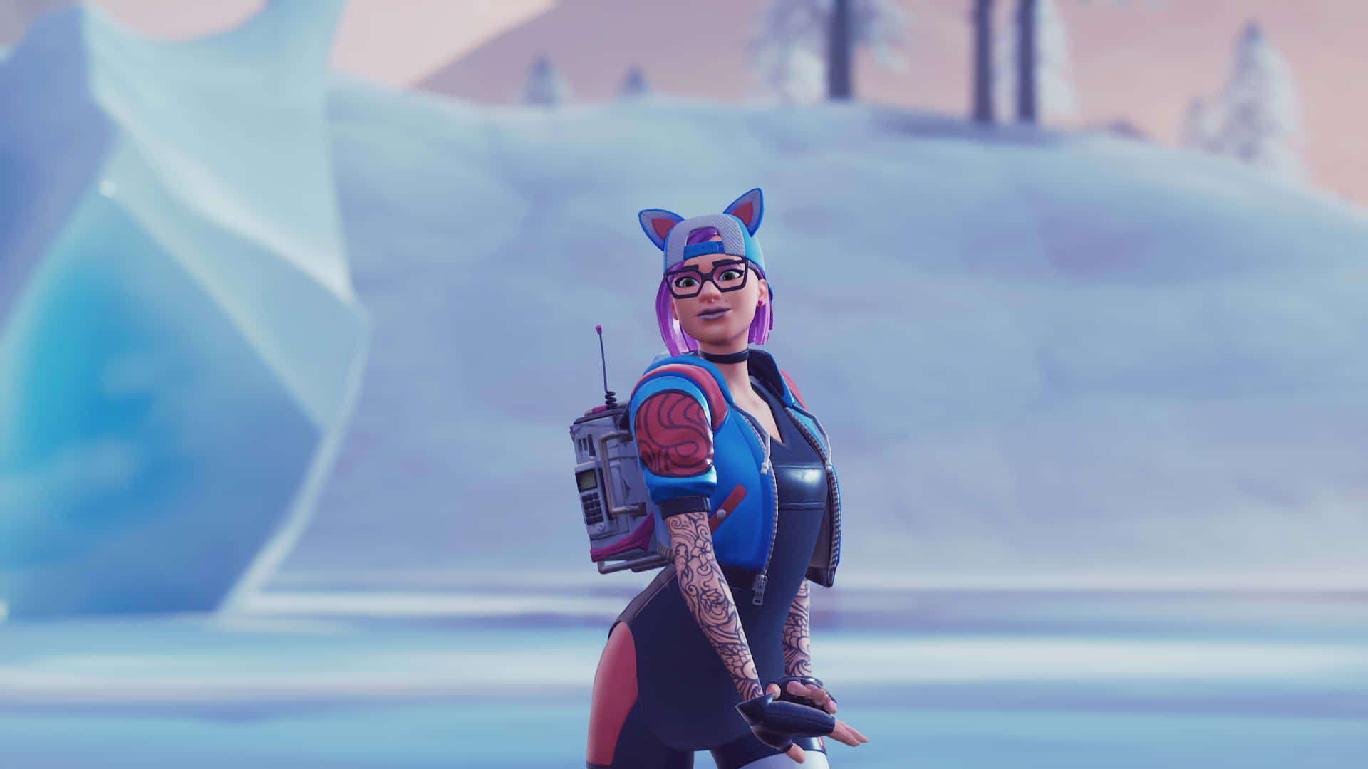 一個擁有紫色頭髮和貓耳朵的Fortnite角色在雪景中。