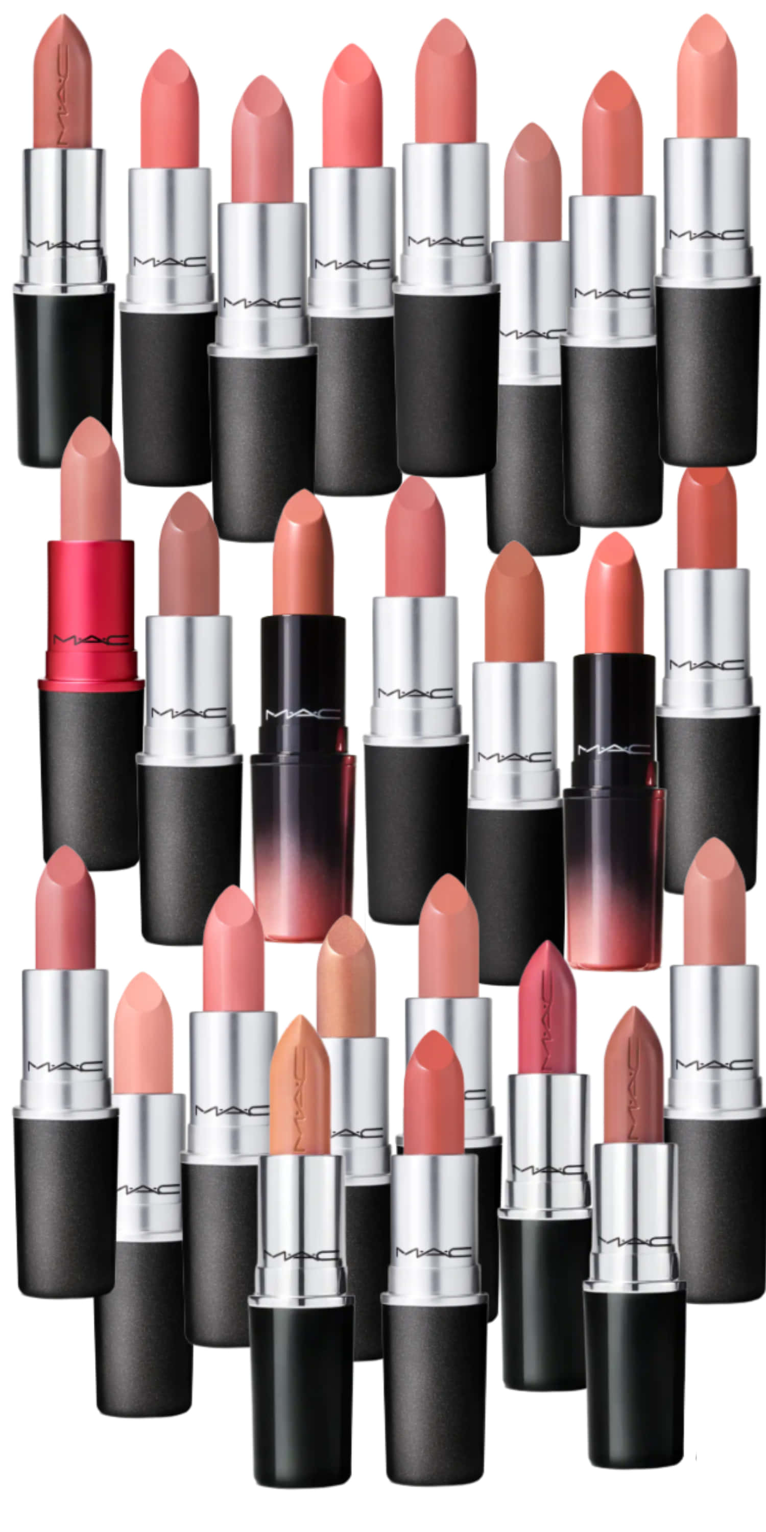以 MAC 化妝品展現你的自然美 壁紙 — 一個充滿活力的MAC唇膏管網格，在乾淨的白色背景上展示了一系列裸玫瑰和珊瑚色調。