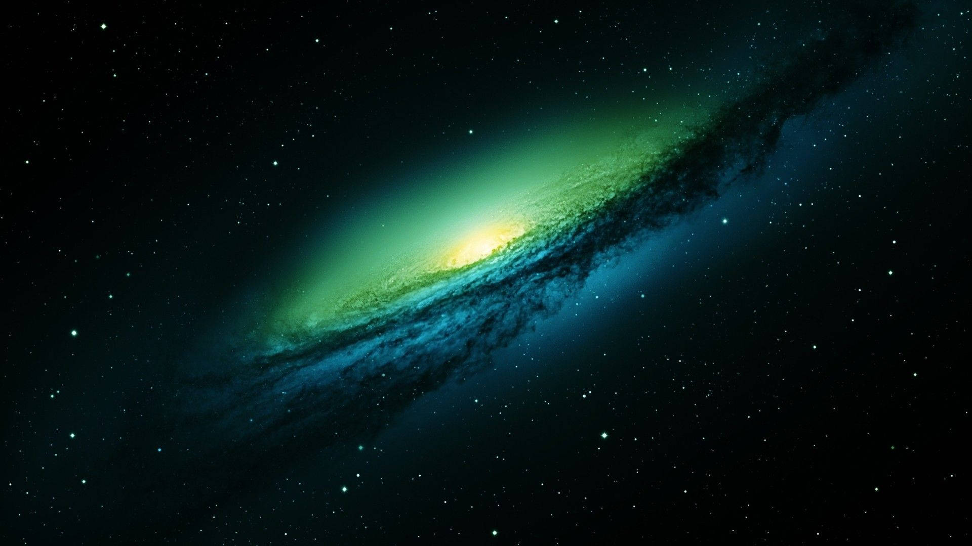 一個發光的螺旋星系，帶有綠色和藍色的旋臂，被星星包圍。