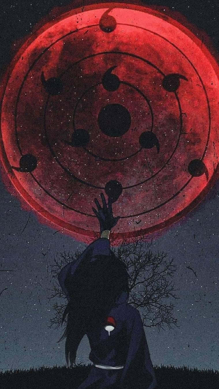 動漫忍者剪影在星空下伸手觸碰帶有巴紋的紅月。