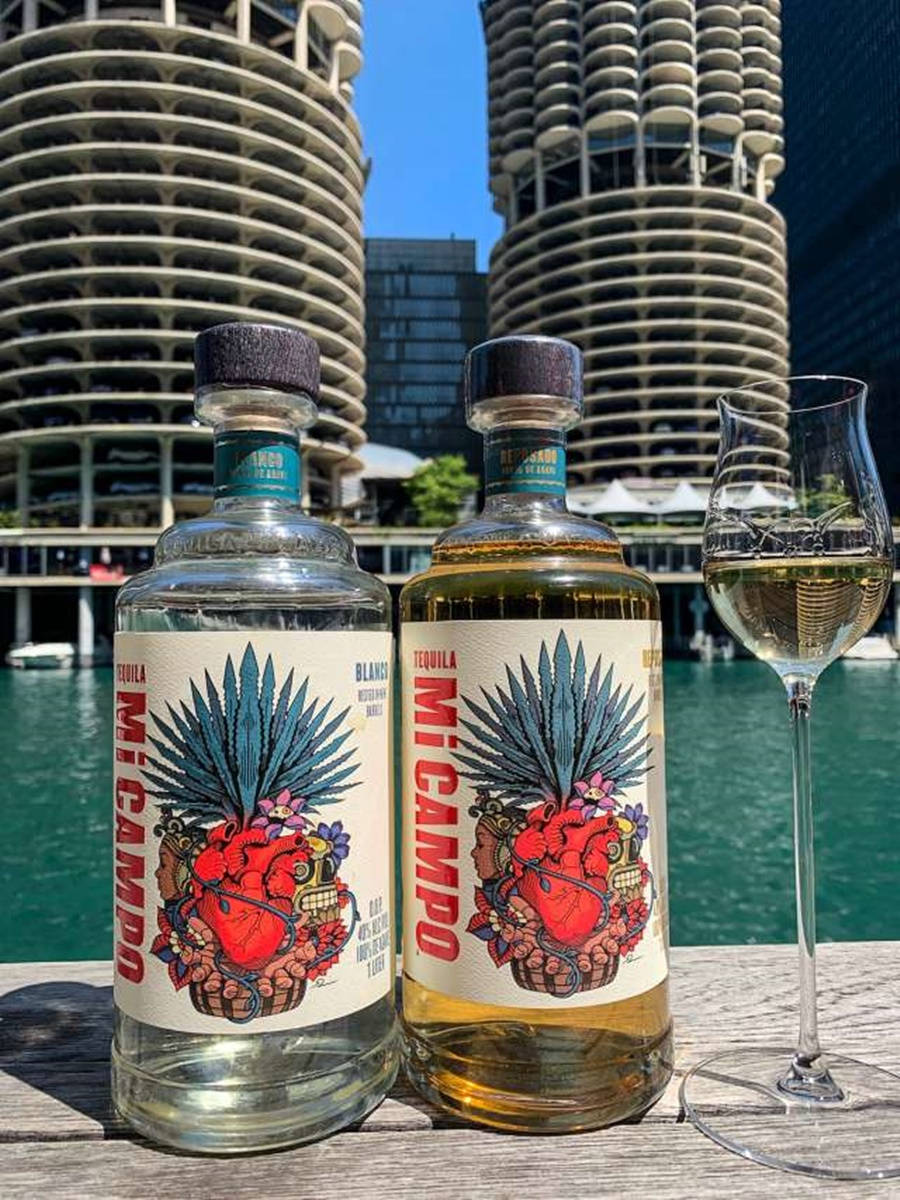 碼頭上的兩瓶龍舌蘭酒和一個酒杯，螺旋建築和水。