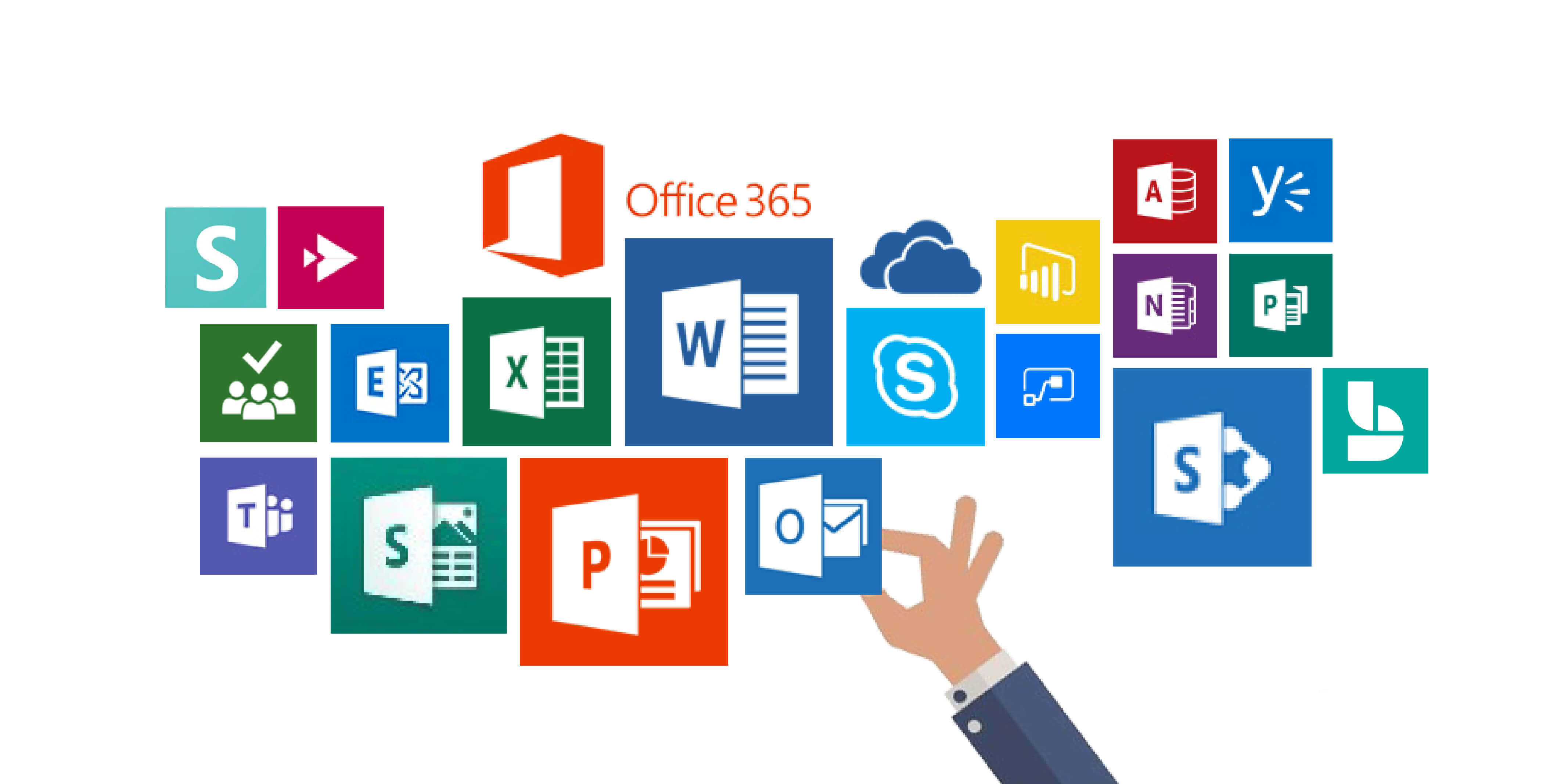 以 Microsoft Office 365 率先掌握科技趨勢 壁紙 — 一隻手伸向白色背景上漂浮的一組彩色 Microsoft Office 365 應用程式圖示。