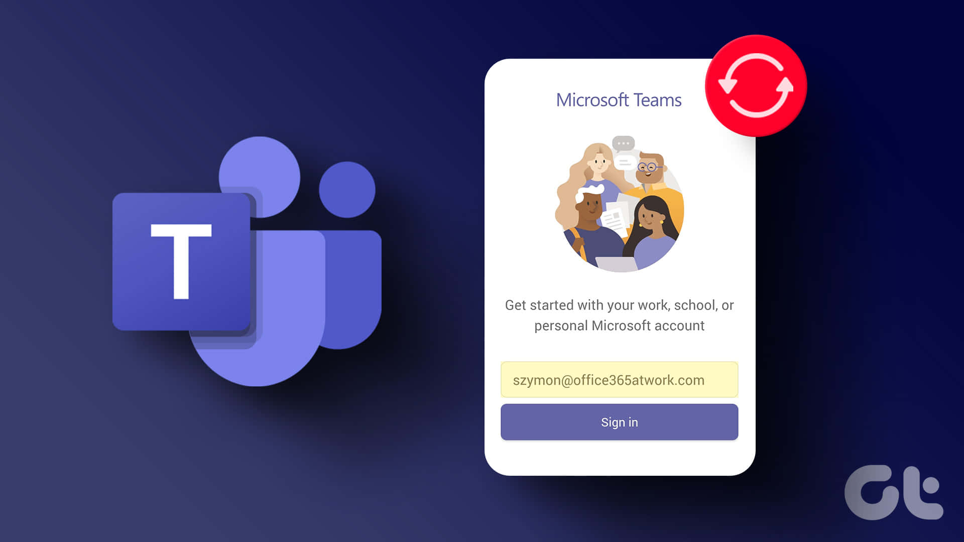 Microsoft Teams 應用程式登入畫面，配有插圖用戶和紫色背景。