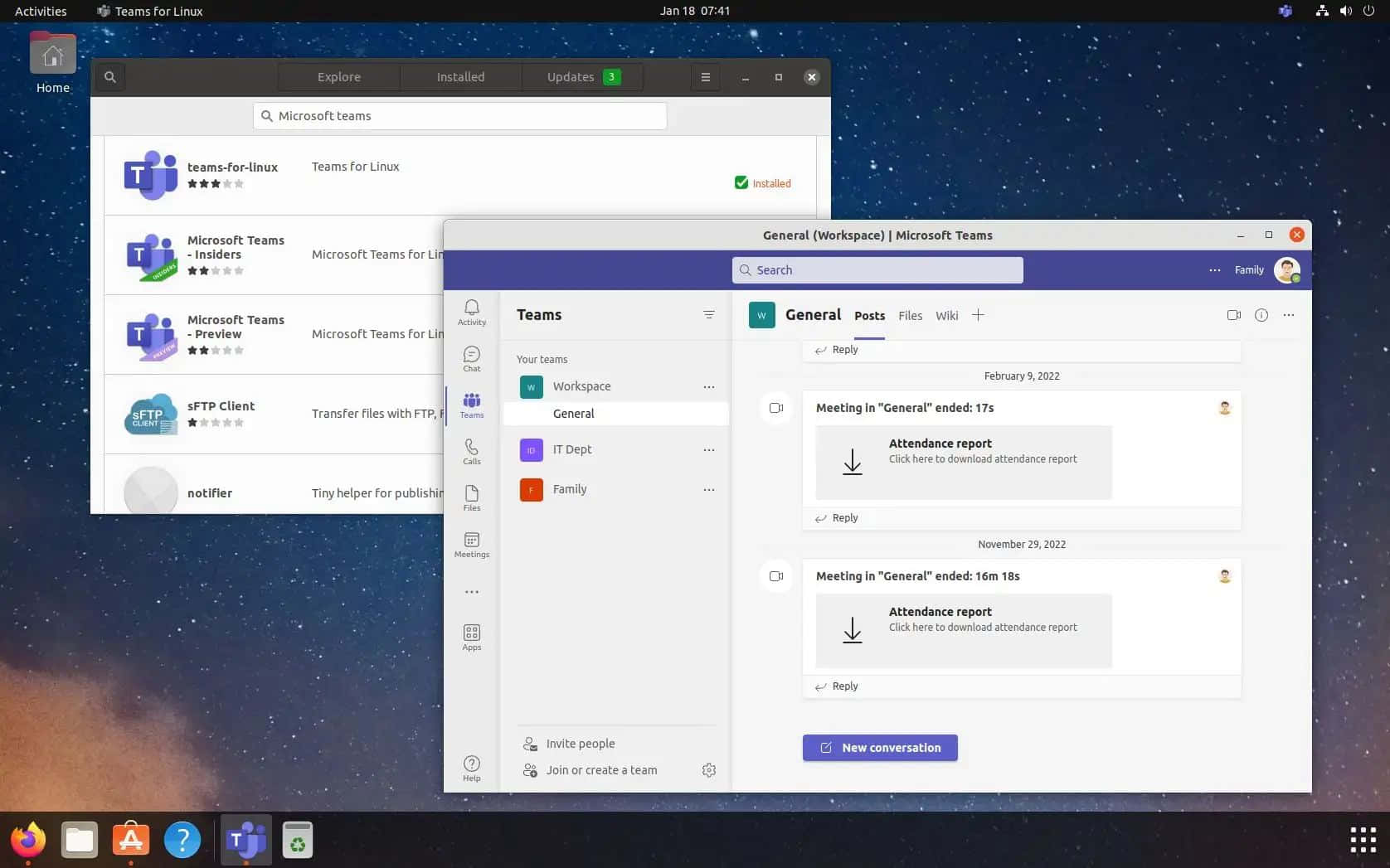 Linux 桌面，Microsoft Teams 在太空主題背景上顯示會議報告。