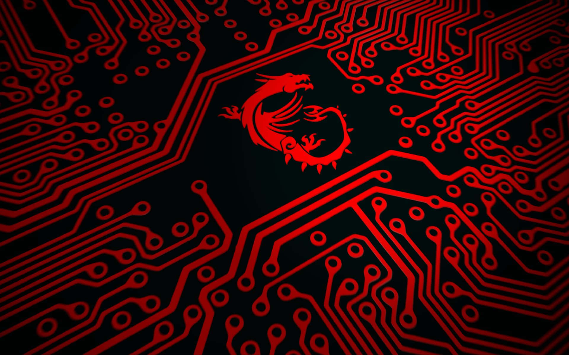 以 MSI 定製您的系統 壁紙 — 一個發光的紅色龍標誌，居中在一個詳細的黑色電路板圖案上，帶有複雜的霓虹紅色路徑。