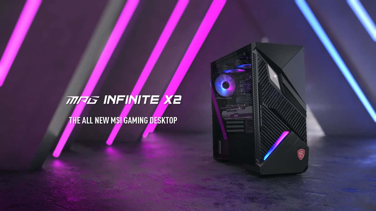 黑色遊戲桌上型電腦，帶有發光RGB燈光和霓虹背景。
