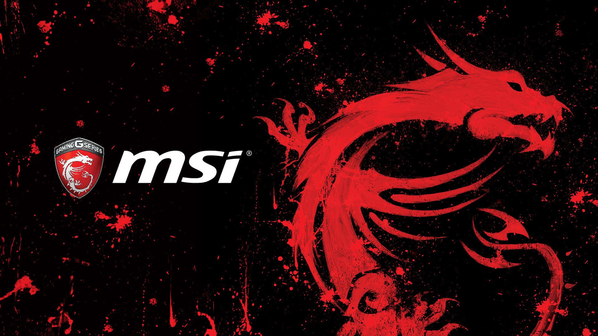 以 MSI 硬體提升電腦效能 壁紙 — 一個大膽的紅色龍標誌在黑色背景上飛濺，帶有MSI品牌標識。