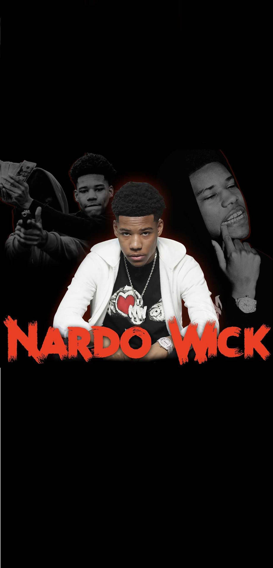饒舌歌手 Nardo Wick 身穿白色外套，黑色背景上嘅紅色文字。