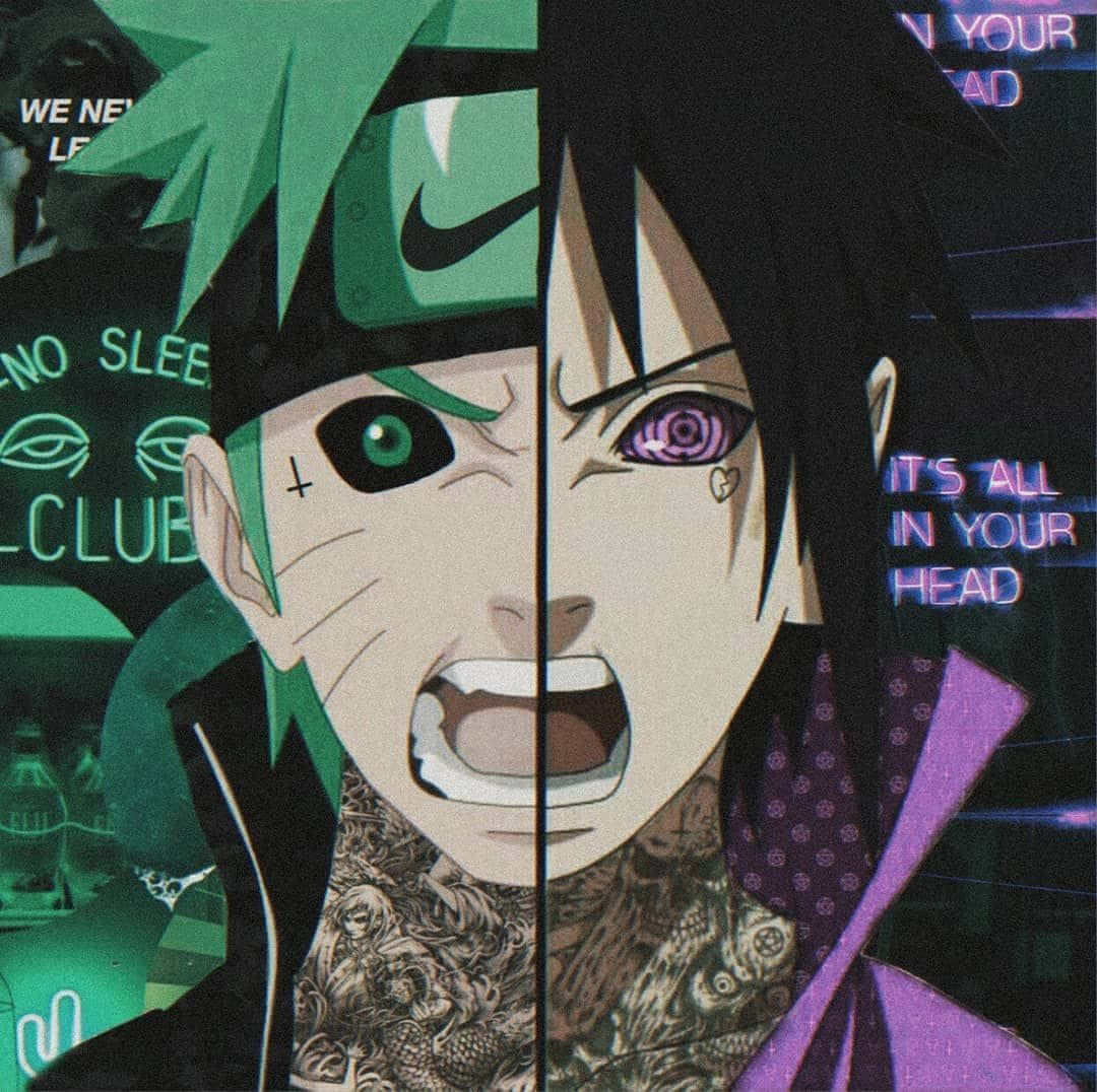 以「Naruto Green」姿態展現力量 壁紙 — 分屏動漫角色，帶有紋身和發光的眼睛，背景為霓虹文字。