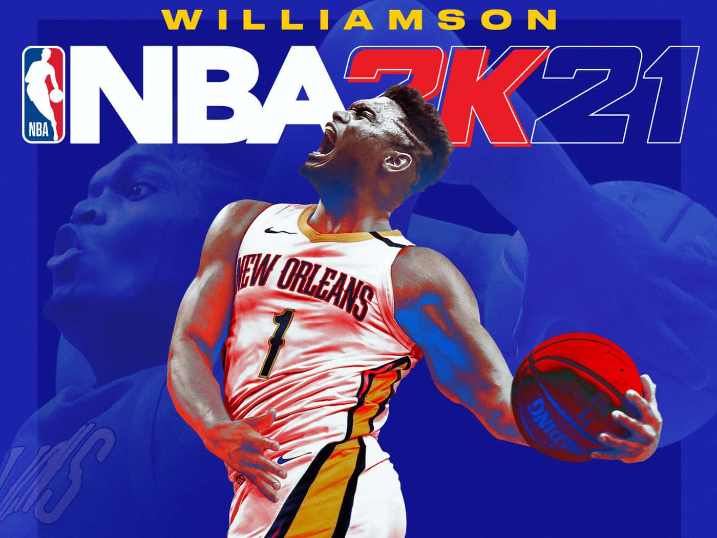 以 NBA 2K21 革新你的籃球遊戲 壁紙 — 一個充滿動感的NBA 2K21封面， featuring Zion Williamson 身穿新奧爾良球衣，正在入樽，表情強烈。