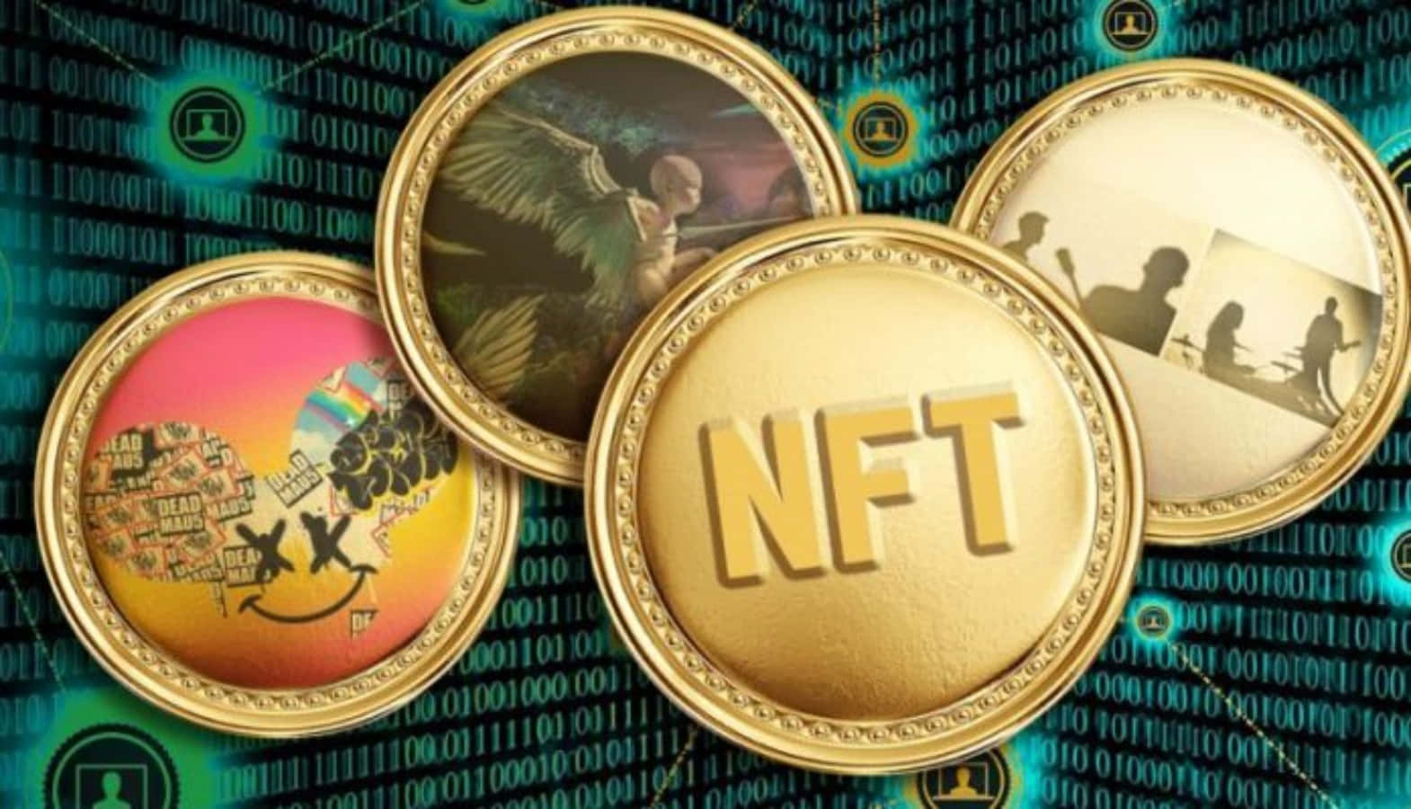 金色NFT硬幣在二進制代碼背景上展示數位藝術。