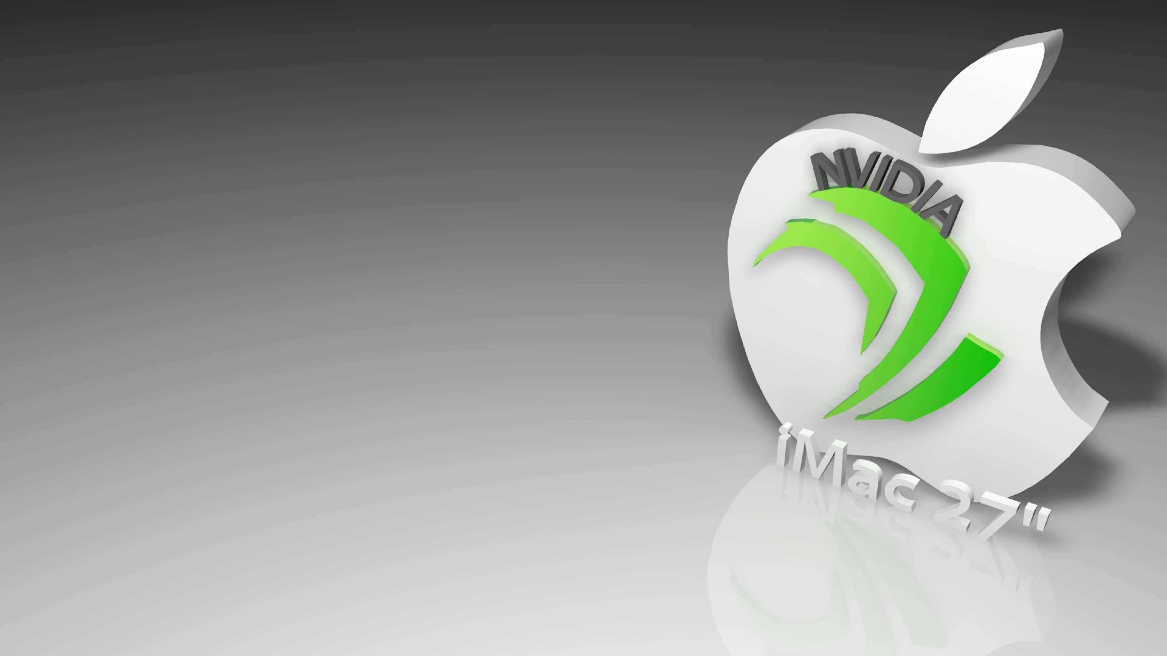 以 NVIDIA 4K UHD 看見世界前所未有的清晰與細節 壁紙 — 一個3D渲染的白色Apple標誌，帶有NVIDIA品牌標識和'iMac 27'文字，背景為漸變灰色。