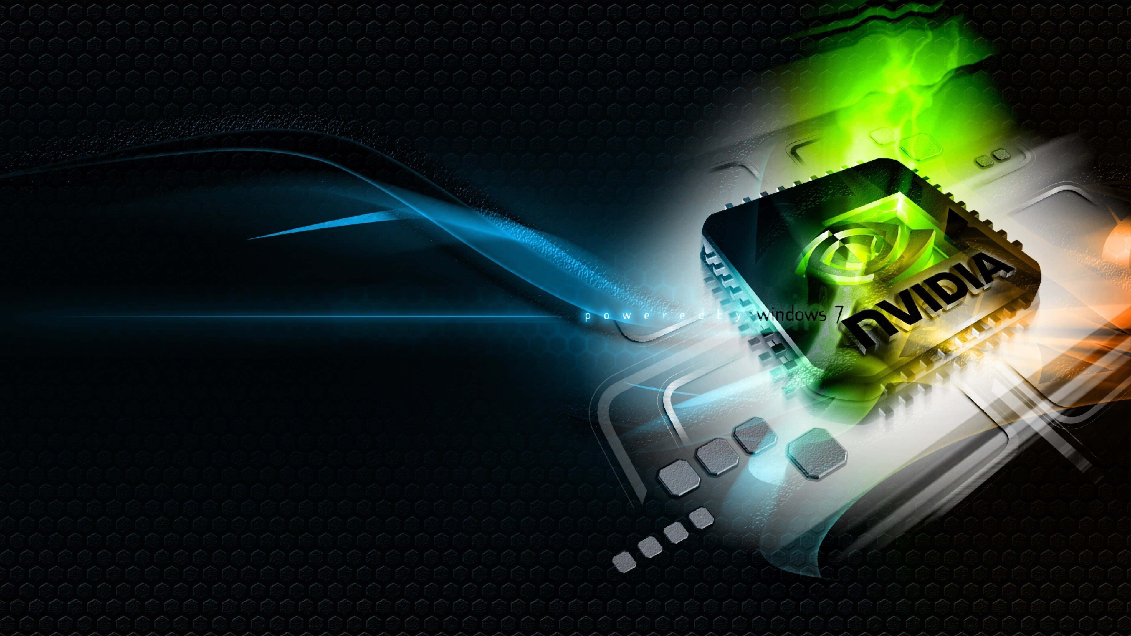 以 NVIDIA® 4K UHD 享受強勁逼真細節 壁紙 — 發光的NVIDIA圖形晶片在深色紋理背景上散發出鮮豔的綠色和藍色能量。