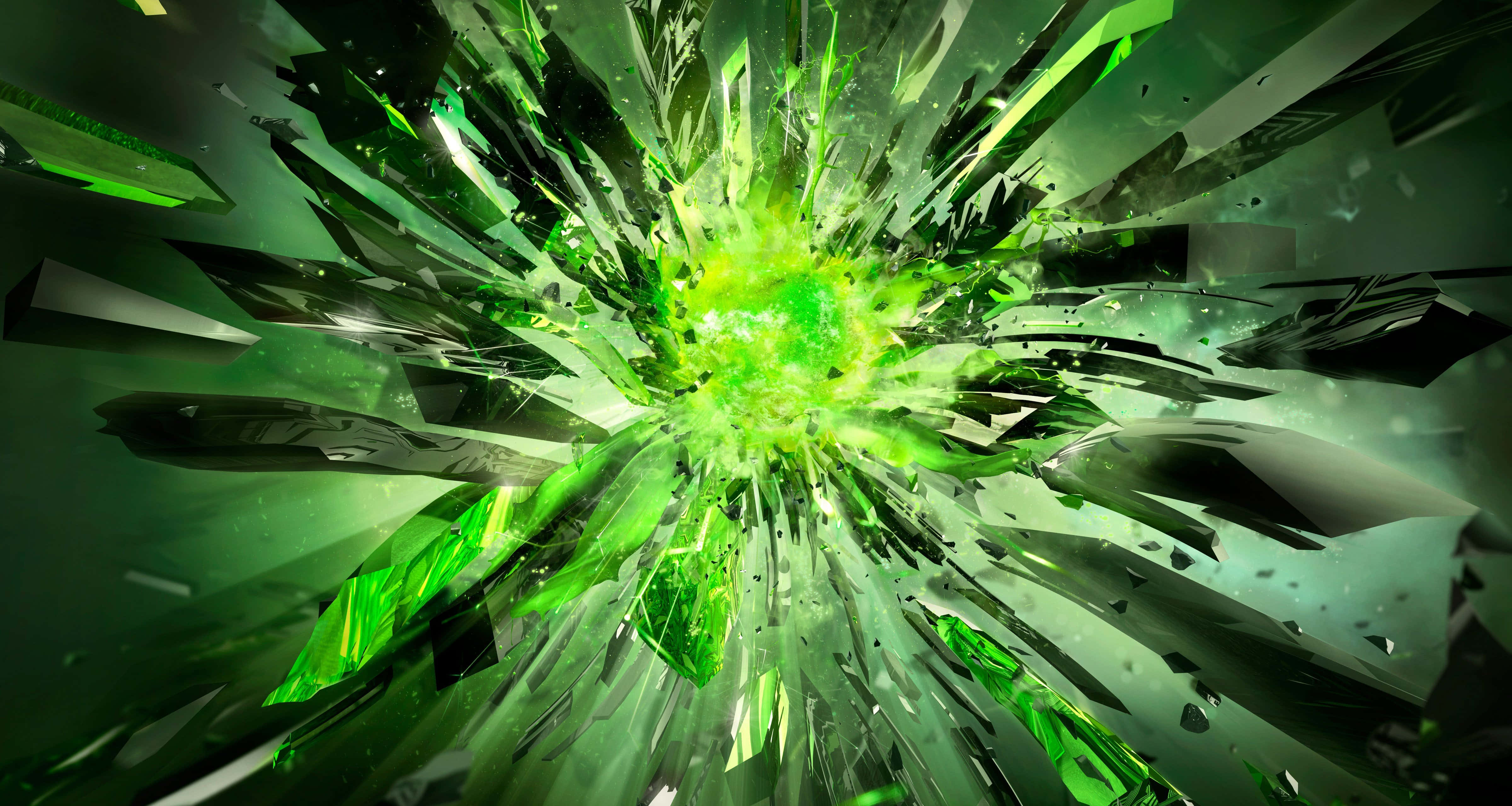 以 NVIDIA 體驗 UHD 娛樂 壁紙 — 充滿活力的綠色能量爆炸將水晶碎片向外粉碎，形成動態的數位爆發。