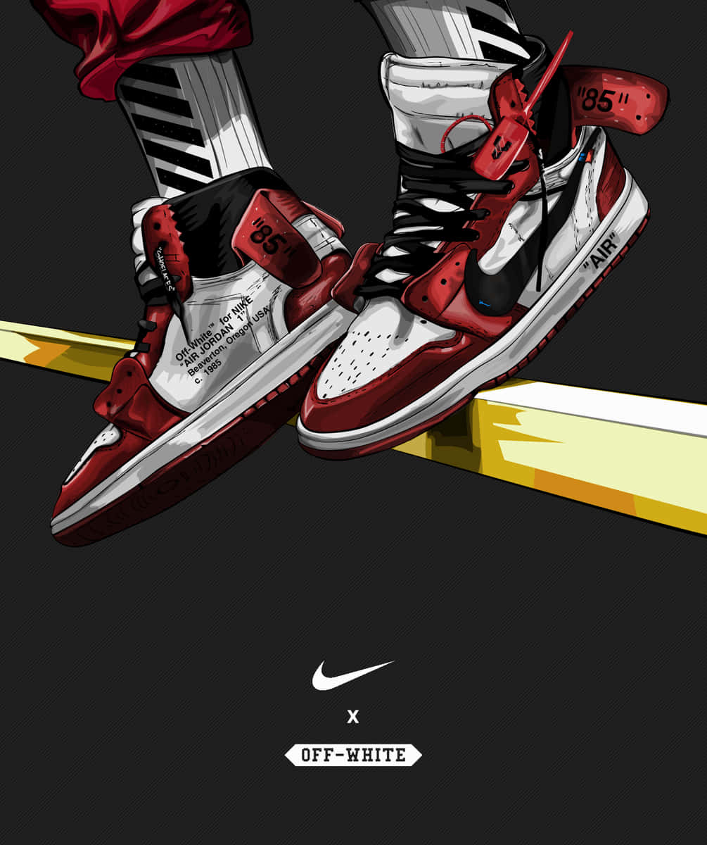帶有 Off White 品牌標誌的紅白黑 Nike Air Jordan 1 運動鞋漂浮在黃色條上方。