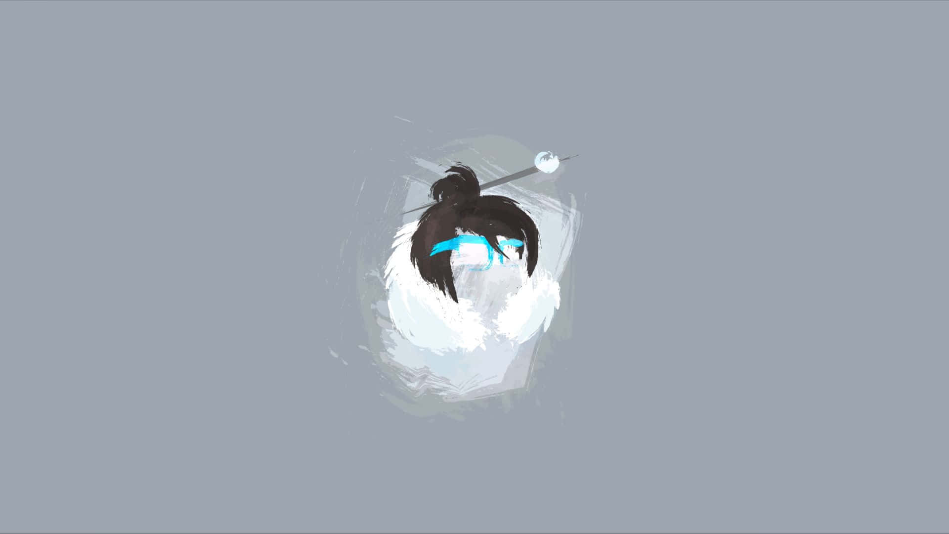 水彩潑濺中的黑髮藍眼動漫角色。