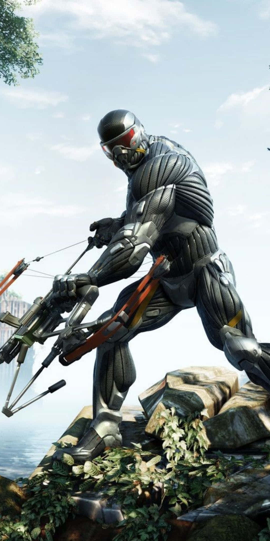 以 Pixel 3 Crysis 3 進入全新沉浸體驗 壁紙 — 一個未來風格的裝甲戰士蹲在岩石地形上，在明亮的天空下拿著一把高科技十字弓。