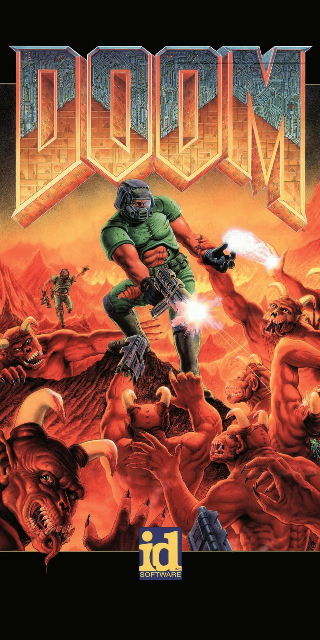 以 Pixel 3 Doom 獲取無敵的效能與速度 壁紙 — 一名身穿綠色盔甲的士兵在『DOOM』標題下的火熱地獄景觀中向惡魔生物發射發光武器。