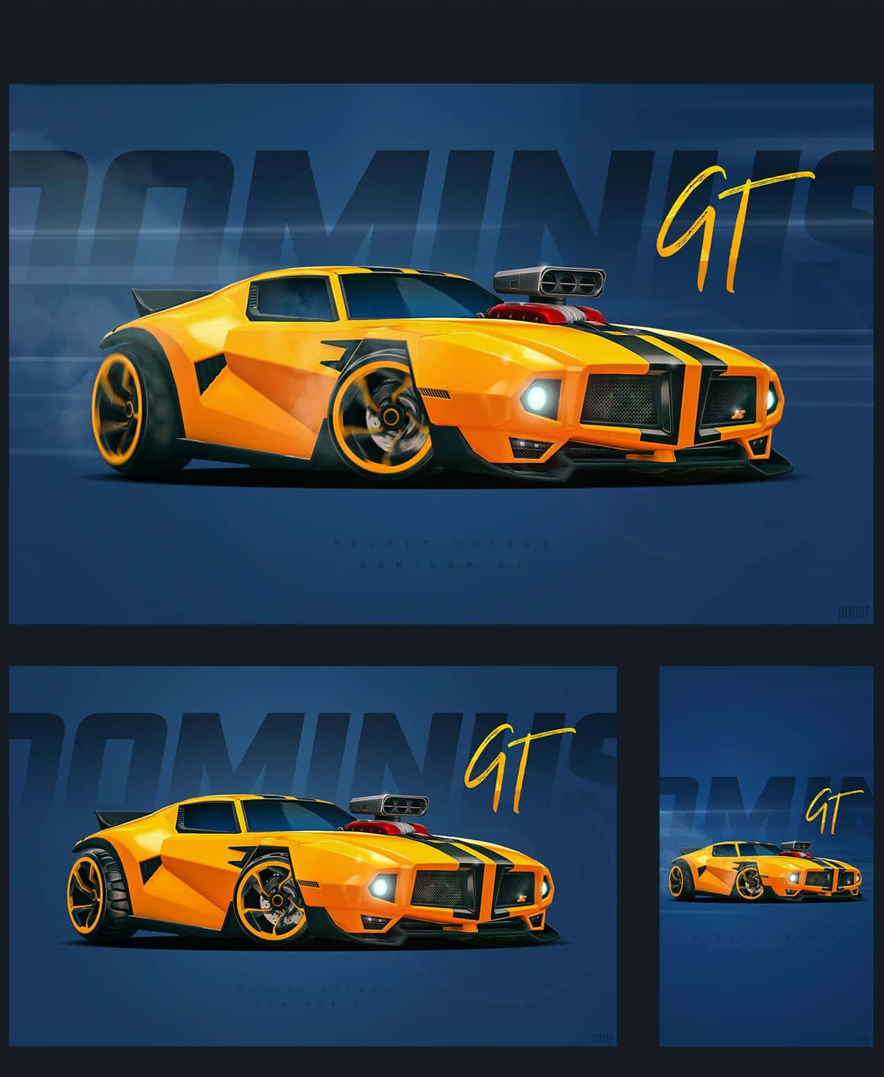 以 Pixel 3 Rocket League 將你的遊戲帶入新境界 壁紙 — 一輛充滿活力的橙色和黑色跑車，帶有發光的車頭燈和'GT'品牌，以三個動態角度顯示在深藍色背景上。