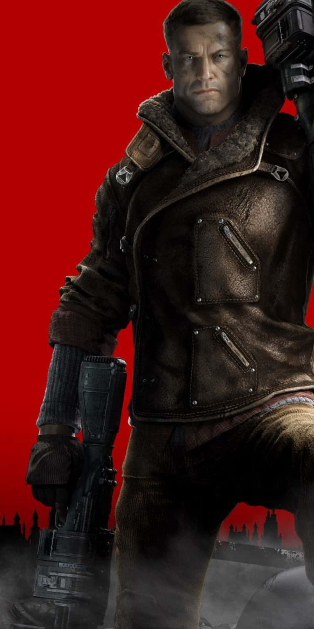 以 Pixel 3 Wolfenstein II 享受尖端遊戲體驗 壁紙 — 一名身穿破舊皮褸的粗獷士兵，站在鮮紅色背景前，手持重型武器。