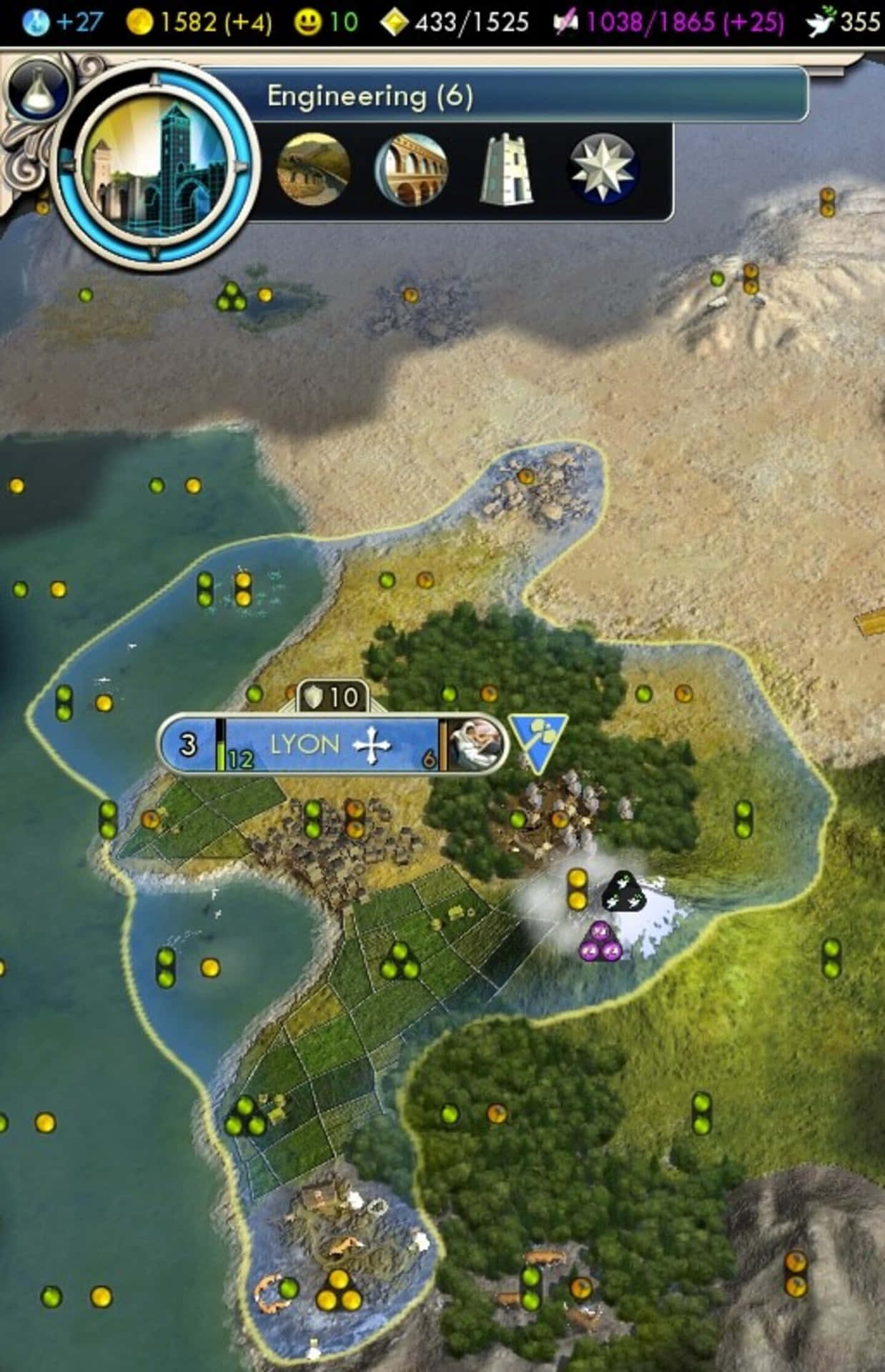 以里昂為中心的戰略遊戲地圖，顯示周圍地形和資源圖標。
