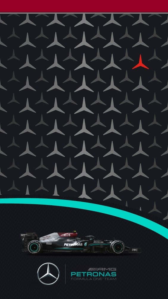 以 Pixel 3 享受極致賽車快感 壁紙 — 一架流線型的Mercedes-AMG Petronas一級方程式賽車停放在重複的銀色標誌圖案下方，圖案上方有一條青綠色曲線和一個紅色標誌。