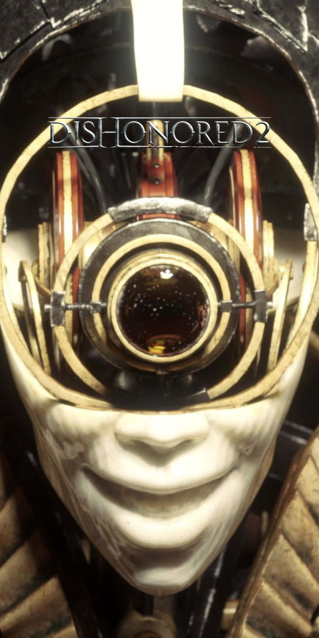 以 Pixel 3 升級您的遊戲體驗 壁紙 — 《Dishonored 2》中戴面具角色臉部的特寫，具有蒸氣龐克風格的機械眼睛，配有黃銅齒輪和深色反光鏡片。
