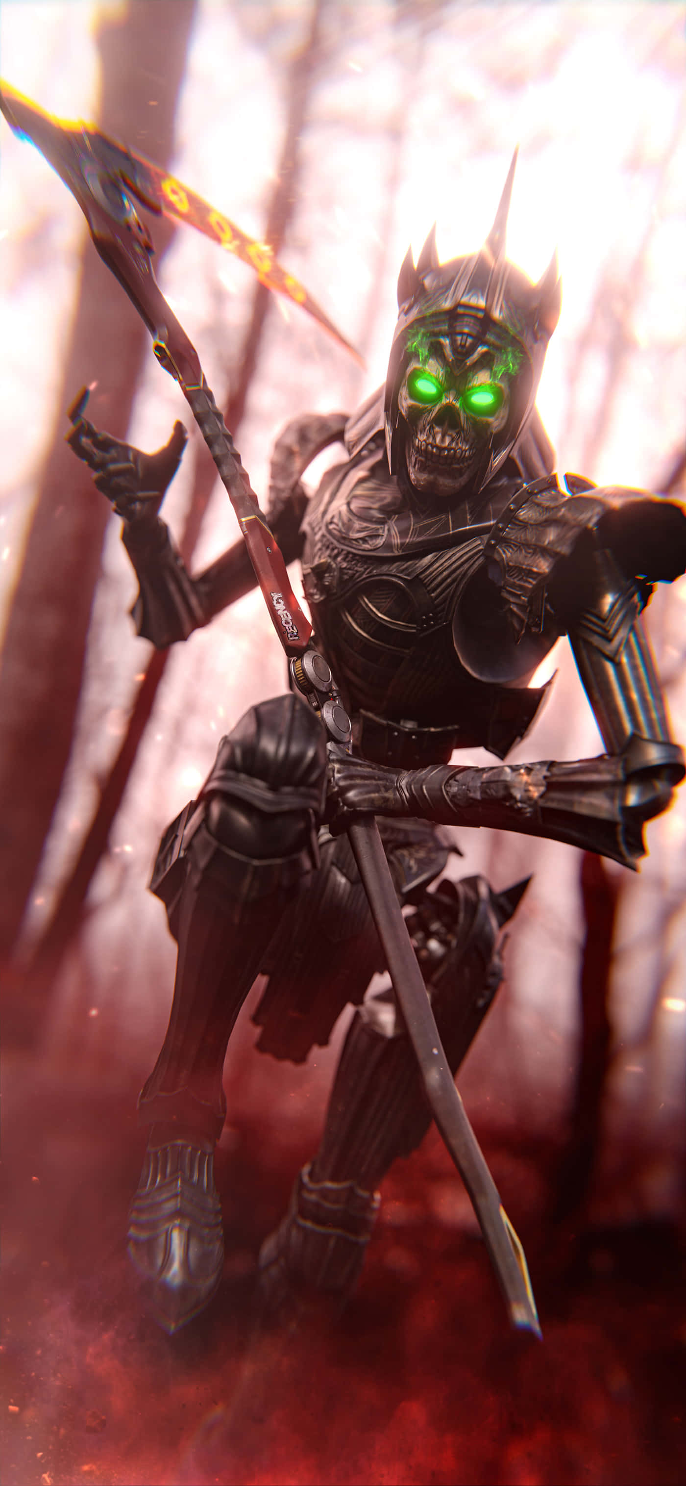 以 Pixel 3 和 Apex Legends 升級你的遊戲體驗 壁紙 — 一個身穿黑色盔甲、眼睛發出綠色光芒的可怕骷髏戰士，在籠罩著紅光的迷霧森林中揮舞著鐮刀。