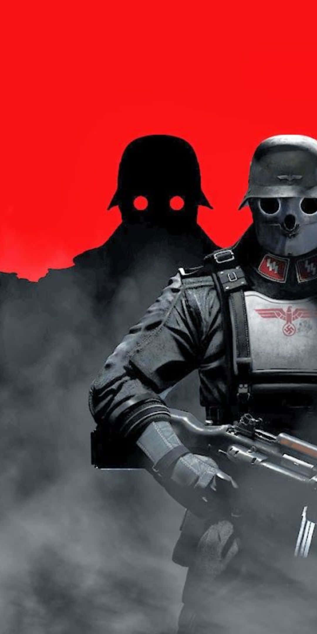 以 Pixel 3 和 Wolfenstein II 獲得最頂級遊戲體驗 壁紙 — 一名戴著骷髏面具、身穿納粹軍裝的威脅性士兵，在煙霧中站在鮮紅色背景前，身後有一個陰影人物。