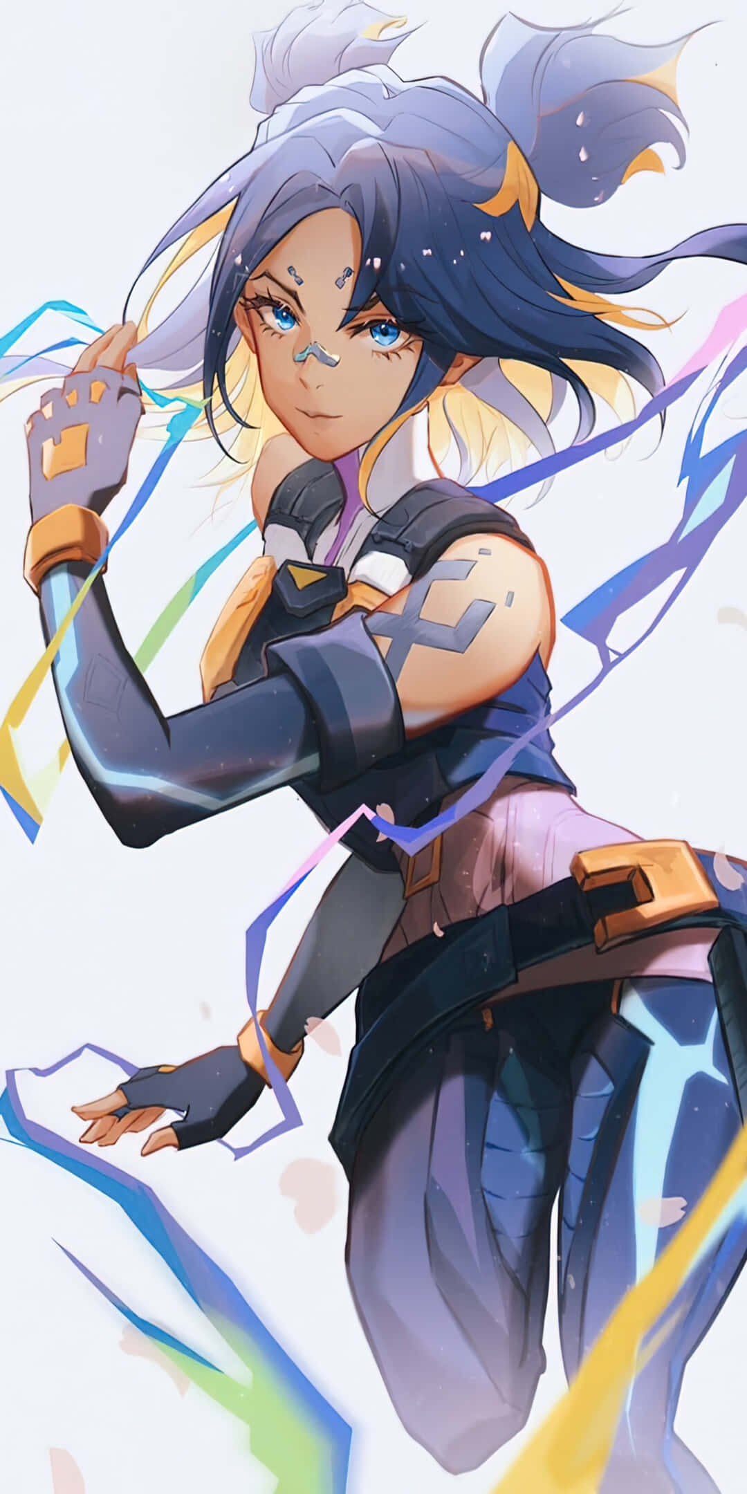 以 Pixel 3 展現《Valorant》遊戲魅力 壁紙 — 一個動態動漫女孩，藍眼睛，黑頭髮，在充滿活力的動作姿勢中揮舞著發光的能量絲帶。