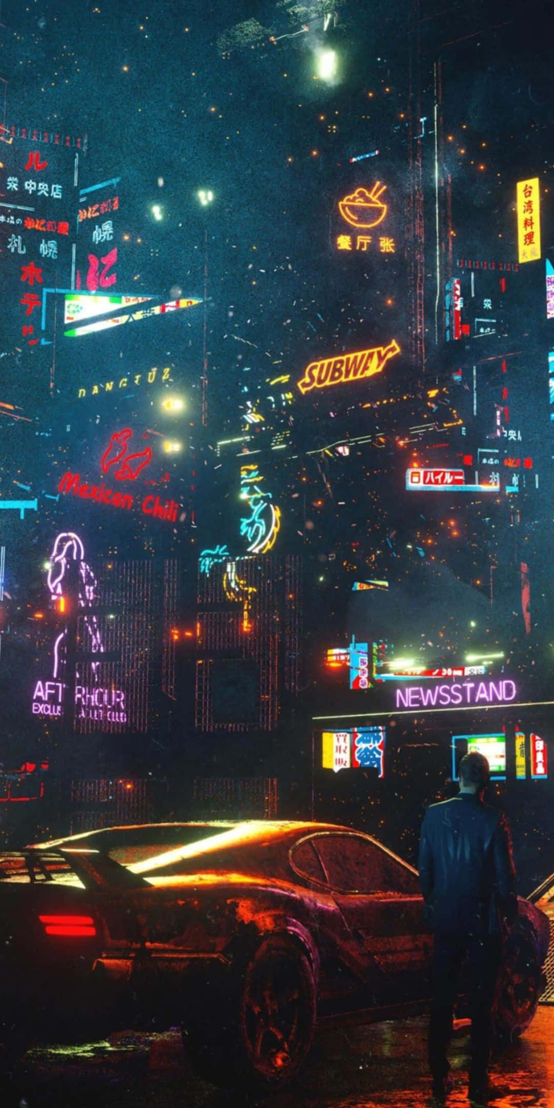 以 Pixel 3 手機體驗賽博朋克風格的未來 壁紙 — 一個孤獨的身影在雨濕的 cyberpunk 城市景觀中，夜晚走過霓虹招牌下閃亮的跑車旁。