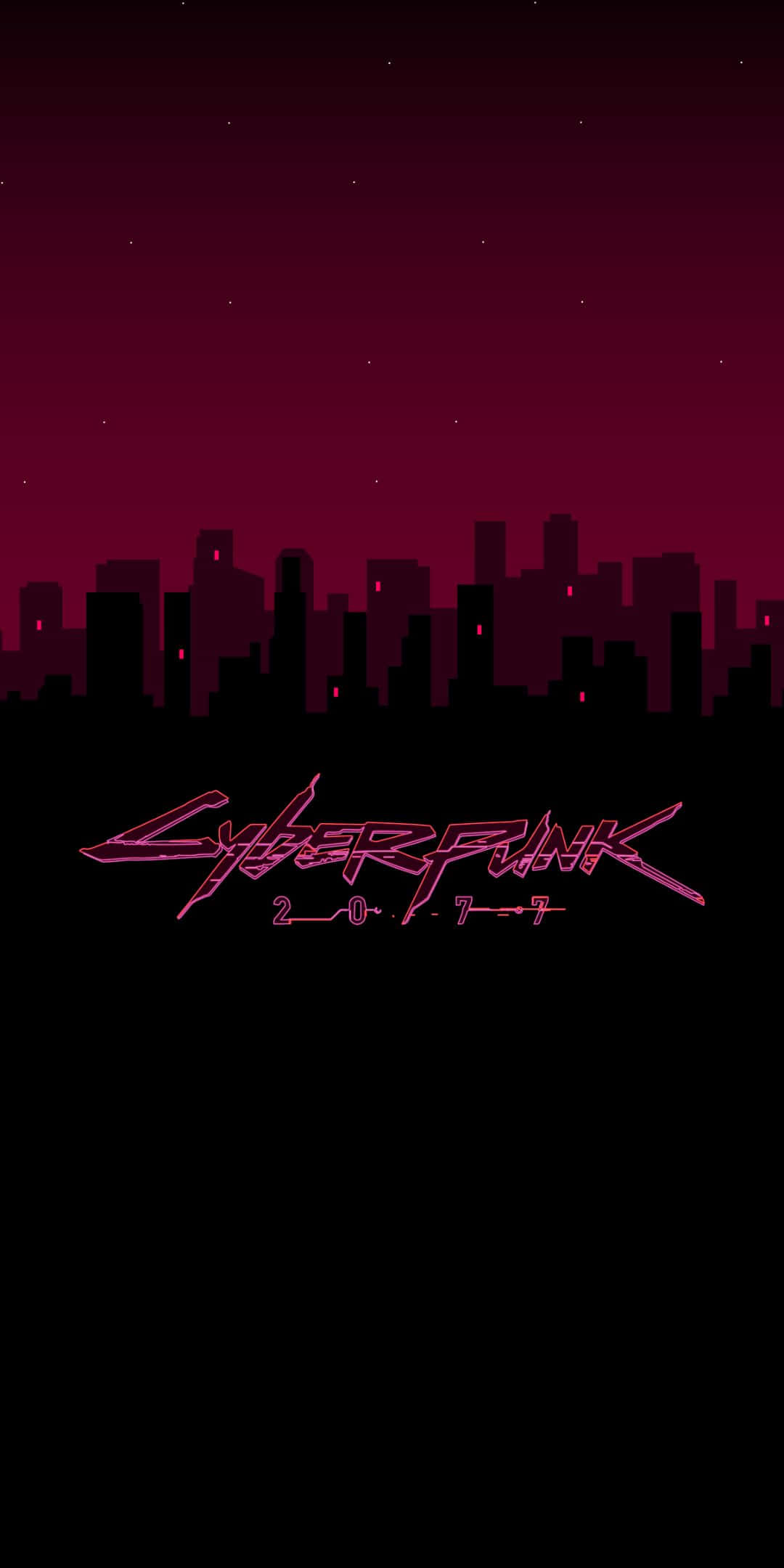 以 Pixel 3 拥抱您的賽博朋克未來 壁紙 — 一個霓虹粉紅色的 Cyberpunk 2077 標誌在深洋紅色的夜空下，於黑暗的城市天際線中發光。