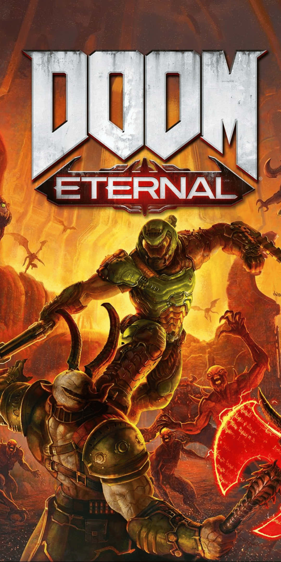 以 Pixel 3 挑戰《Doom》 壁紙 — 一個肌肉發達的惡魔獵人穿著綠色盔甲，在熾熱的橙色和紅色火焰中與地獄生物戰鬥。