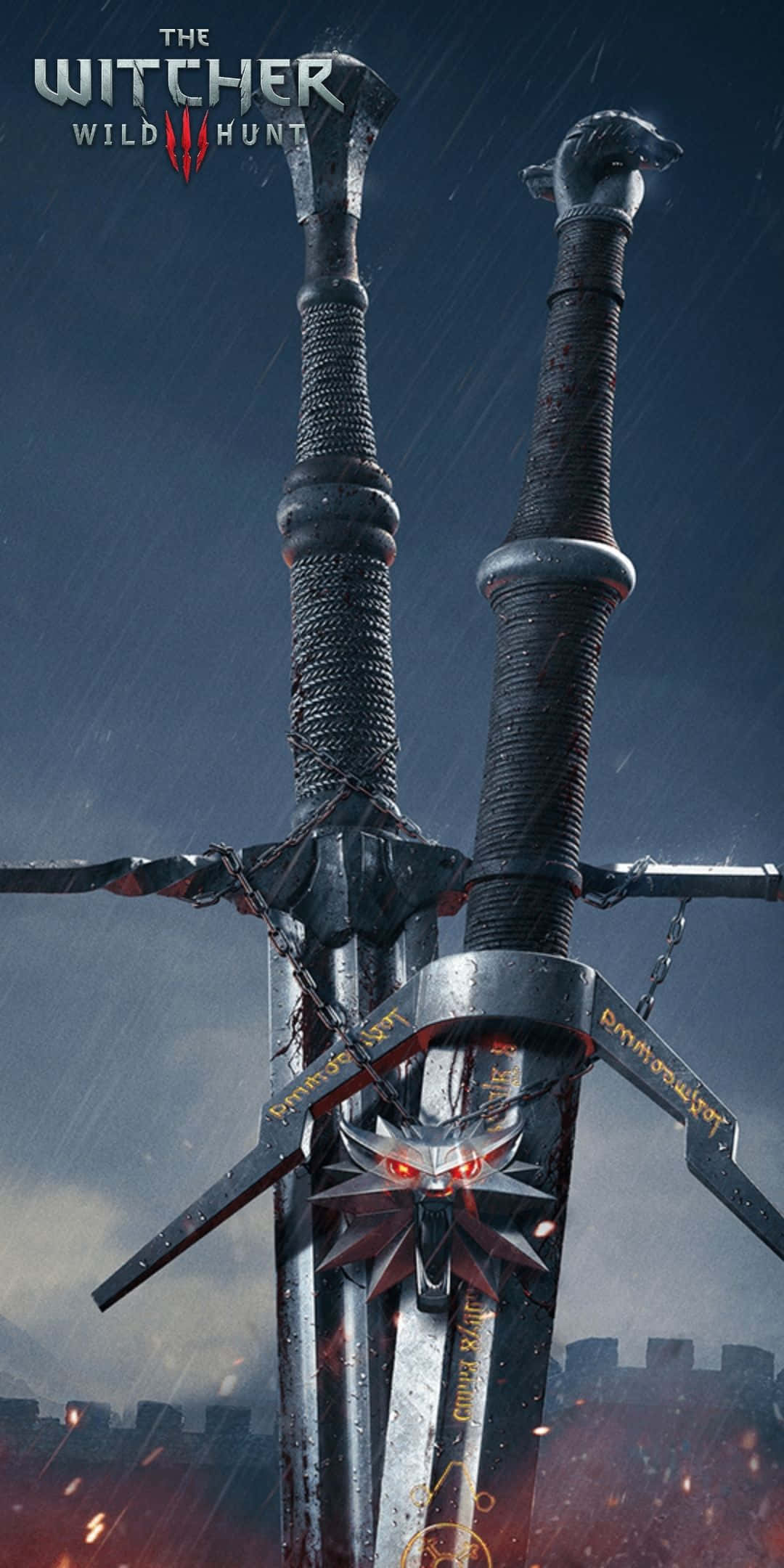 以 Pixel 3 探索《巫師3》世界 壁紙 — 兩把華麗的劍在暴風雨的天空中交叉，下方有發光的紅色眼睛和城堡輪廓。