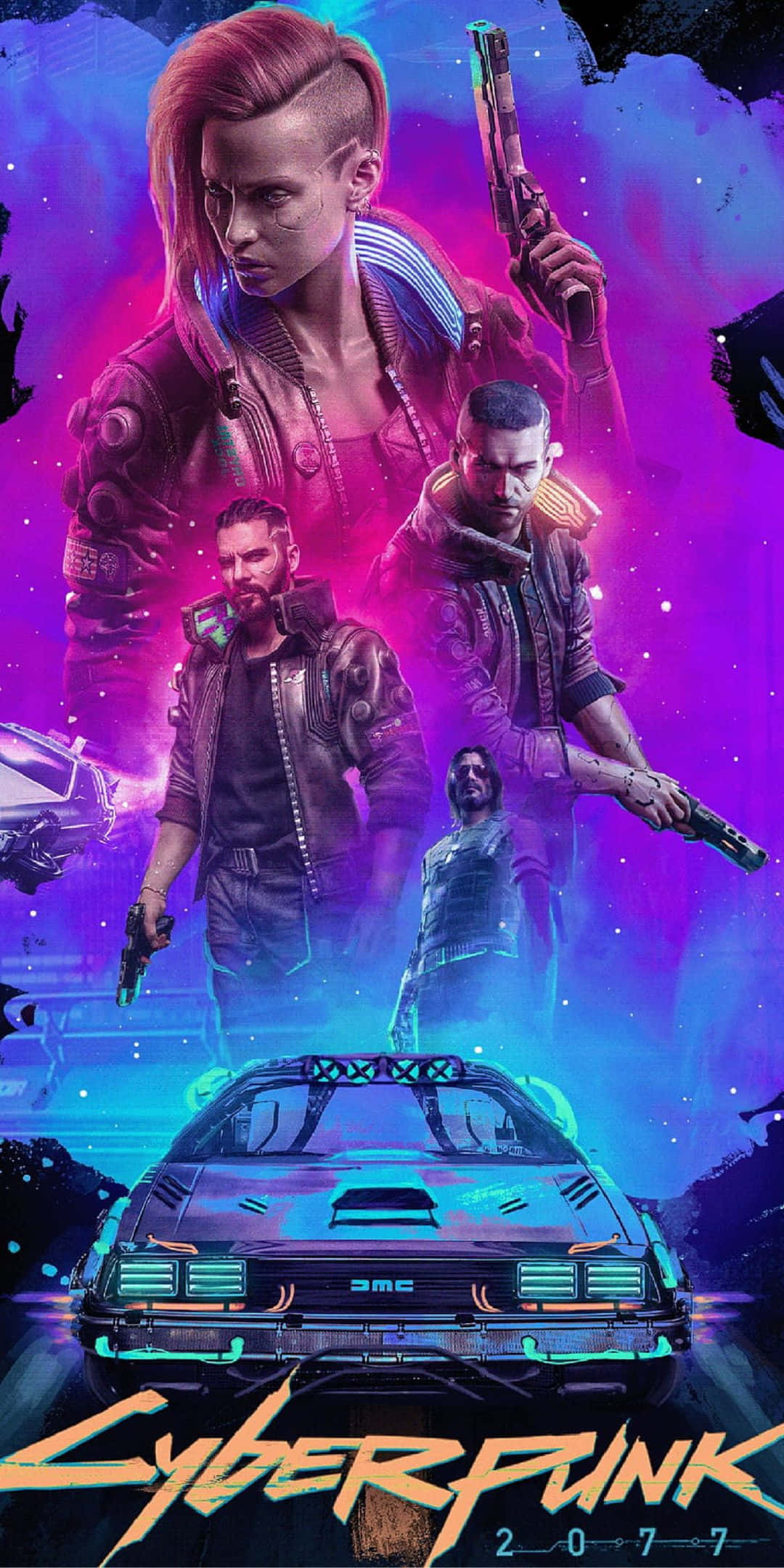 以 Pixel 3 探索夜之城，體驗熱門遊戲《賽博朋克 2077》！ 壁紙 — Cyberpunk 2077 海報，展示四個武裝角色和一輛發光的汽車，背景是霓虹紫色和藍色的宇宙背景。
