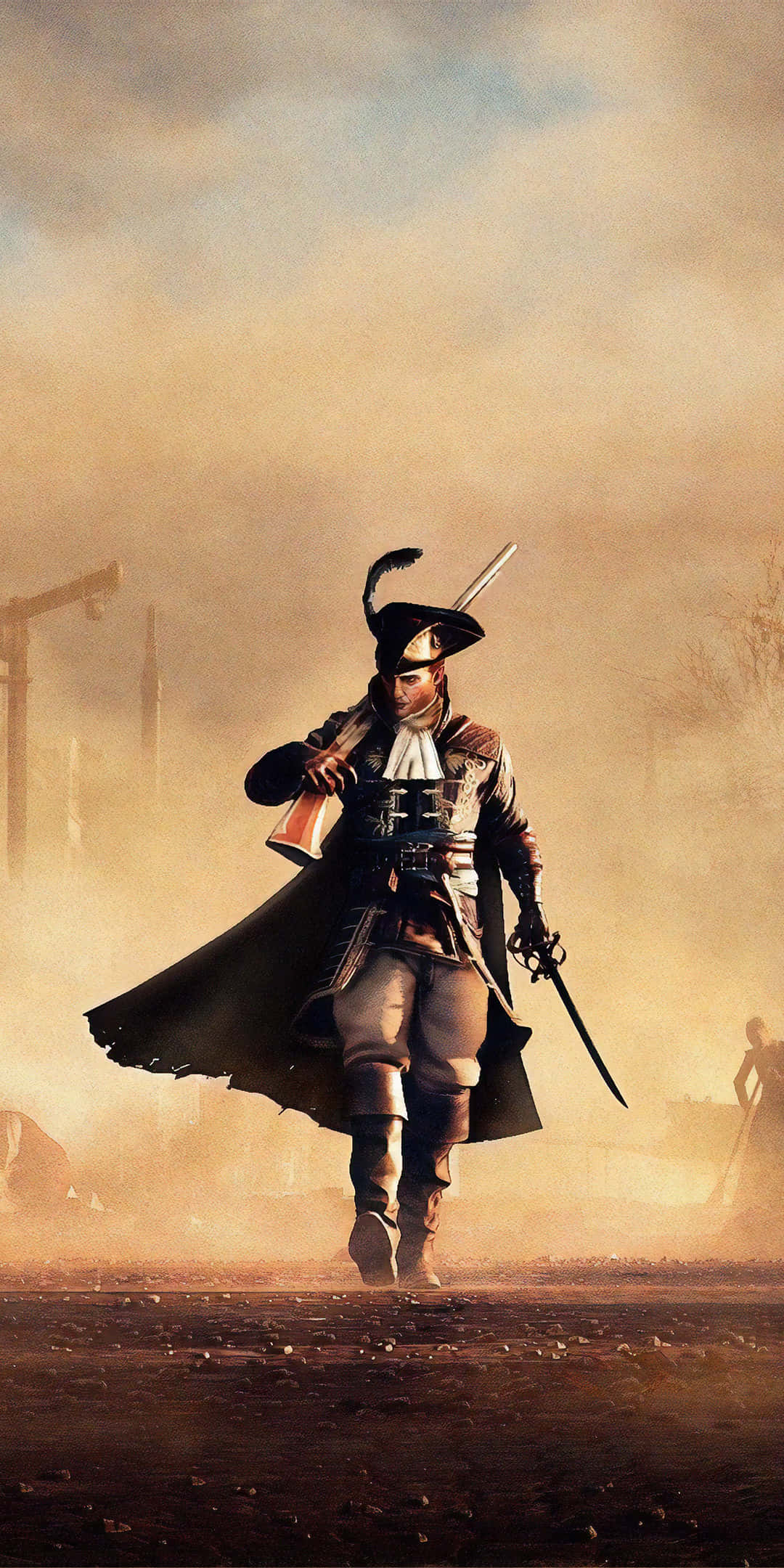 以 Pixel 3 沉浸於 Greedfall 的生動世界 壁紙 — 一個孤獨的海盜，戴著三角帽，穿著外套，手持劍和火槍，在塵土飛揚的戰場煙霧中大步前行。