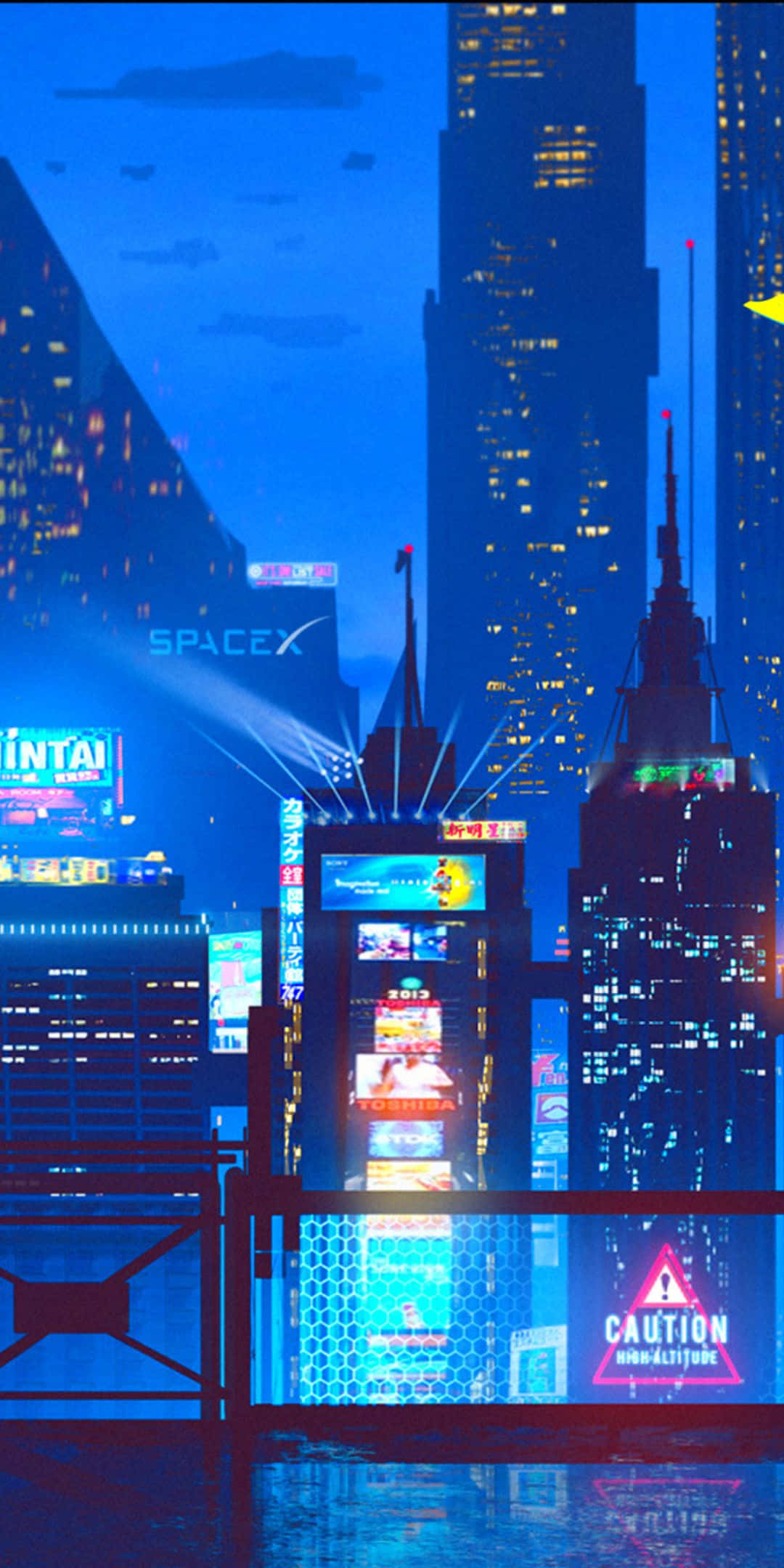 以 Pixel 3 沉浸於《賽博朋克 2077》的末日世界 壁紙 — 夜晚霓虹閃爍的賽博龐克城市景觀，高聳的摩天大樓在深藍色天空下閃耀。