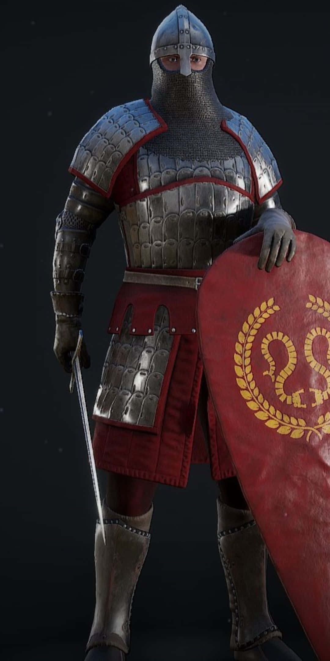 以 Pixel 3 玩轉《Mordhau》遊戲體驗 壁紙 — 一位身穿精細銀色板甲和紅色罩袍的中世紀騎士，手持一面飾有金色月桂花環和蛇形徽章的紅色盾牌，蓄勢待發。