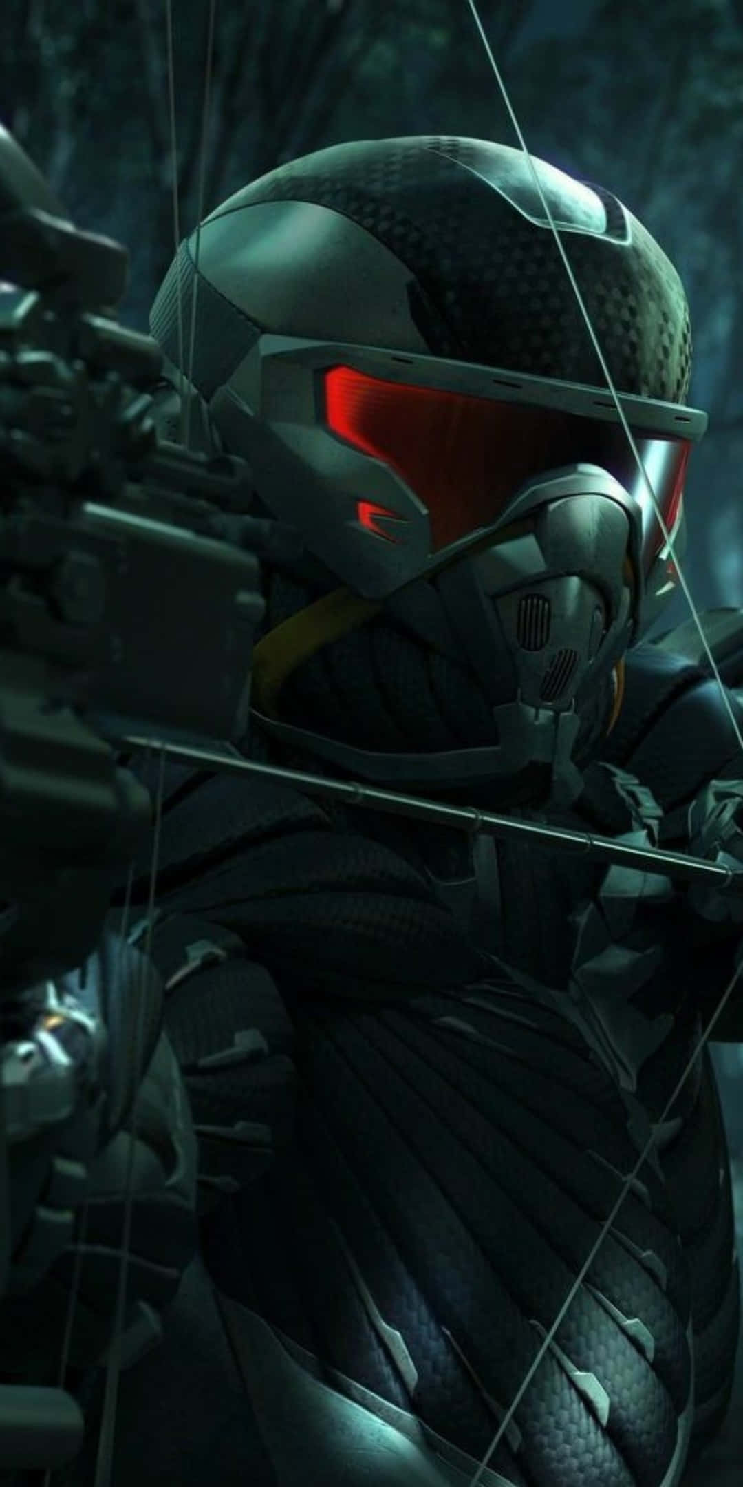 以 Pixel 3 與《Crysis 3》升級你的遊戲體驗 壁紙 — 一個身穿黑色盔甲、戴著紅色發光面罩的未來戰士在陰暗的森林中瞄準弓箭。