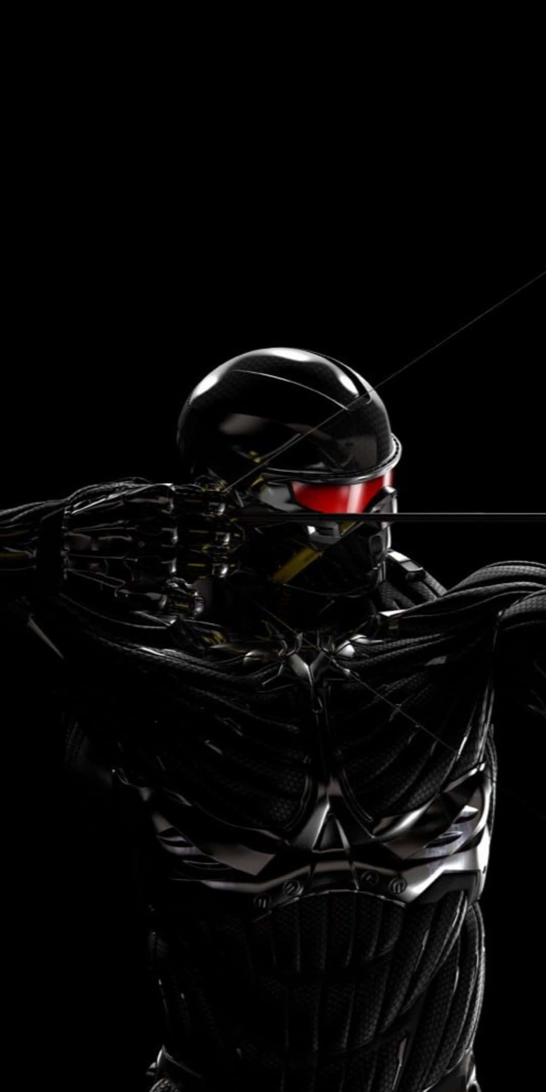 以 Pixel 3 與 Crysis 3 超強化遊戲體驗 壁紙 — 一個時尚的黑色裝甲弓箭手，擁有發光的紅色眼睛，在純黑色背景上拉弓。