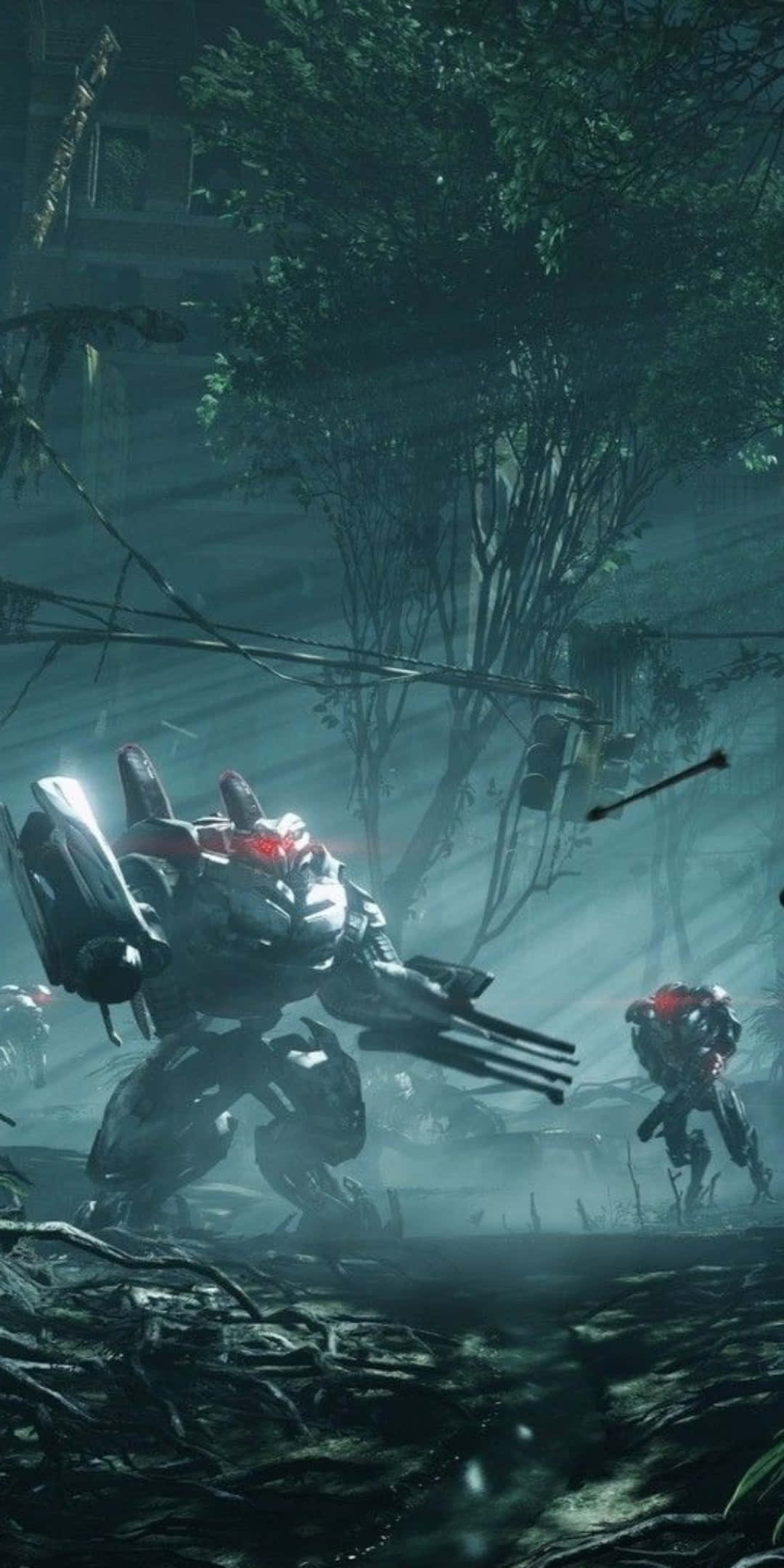 以 Pixel 3 與《Crysis 3》體驗最頂級的動作冒險 壁紙 — 兩台裝甲機器人在霧氣瀰漫、雜草叢生的城市廢墟中戰鬥，周圍環繞著樹木和破損的基礎設施。