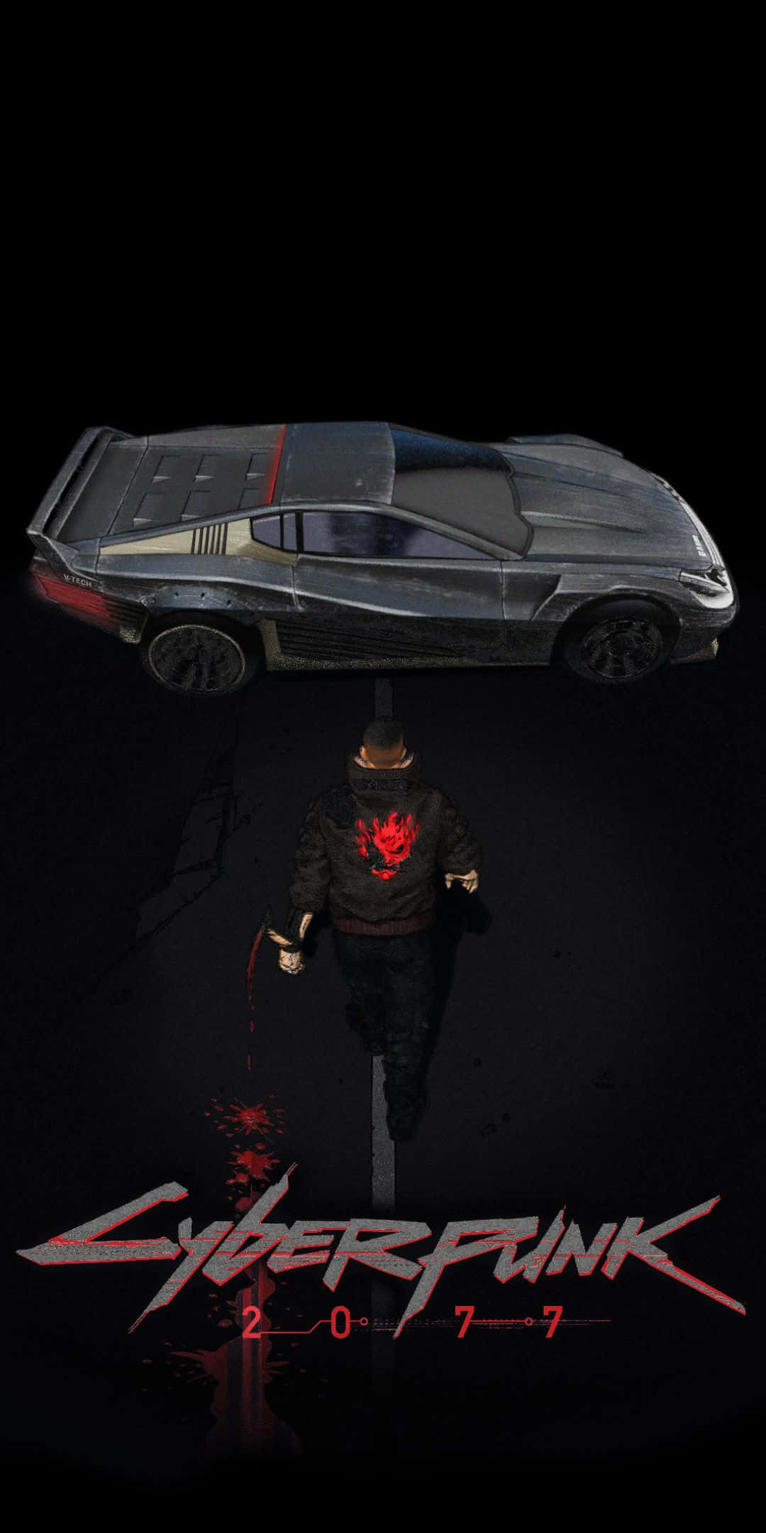 以 Pixel 3 與《賽博朋克 2077》提升遊戲體驗 壁紙 — 一個孤獨的身影穿著紅色火焰連帽衫，在 Cyberpunk 2077 標誌下走向一輛時尚的銀色跑車。