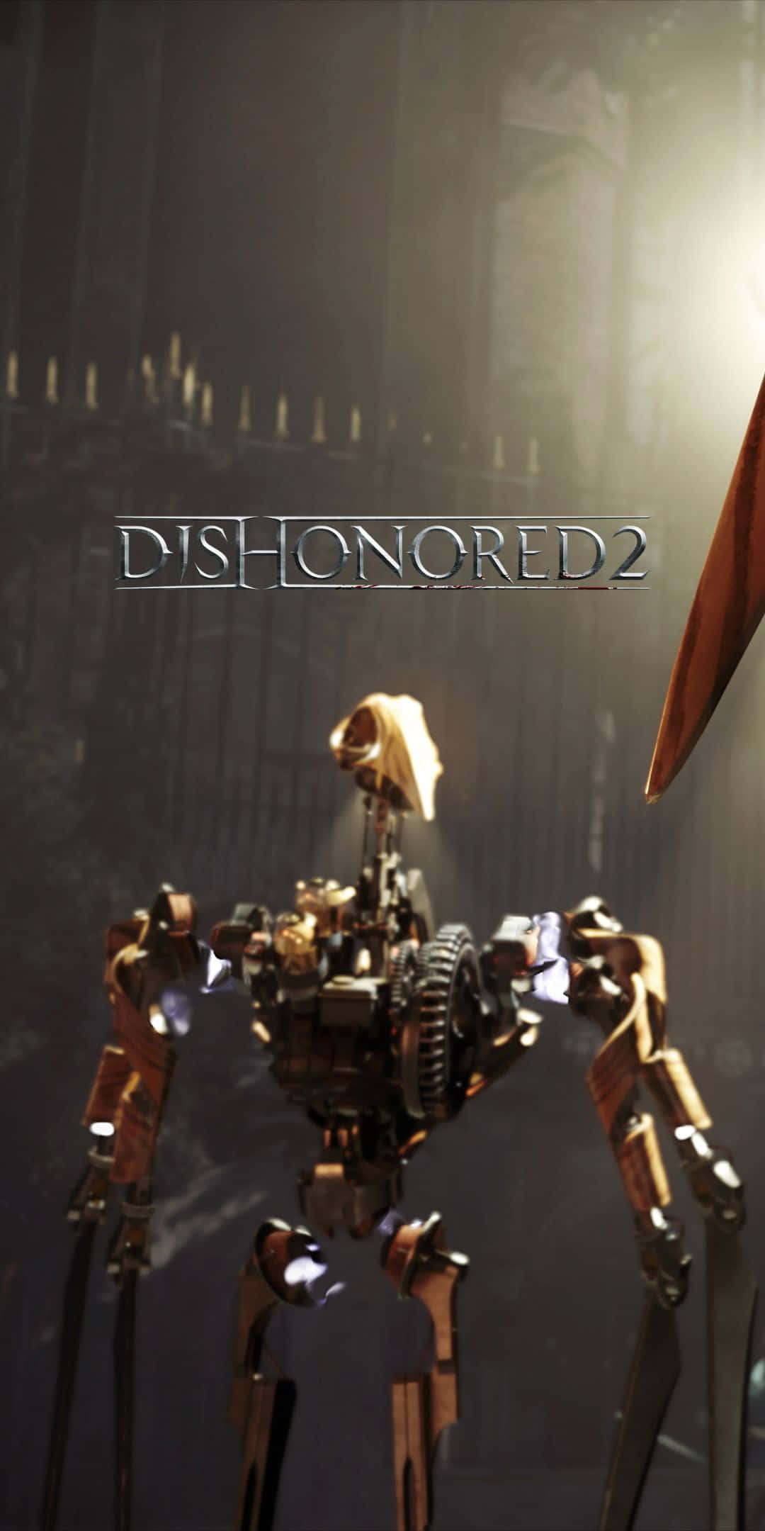 以 Pixel 3 超高解析度探索 Dishonored 2 的世界 壁紙 — 一個蒸氣龐克機械生物站在昏暗的哥德式大教堂中，陽光透過彩繪玻璃窗照射進來。