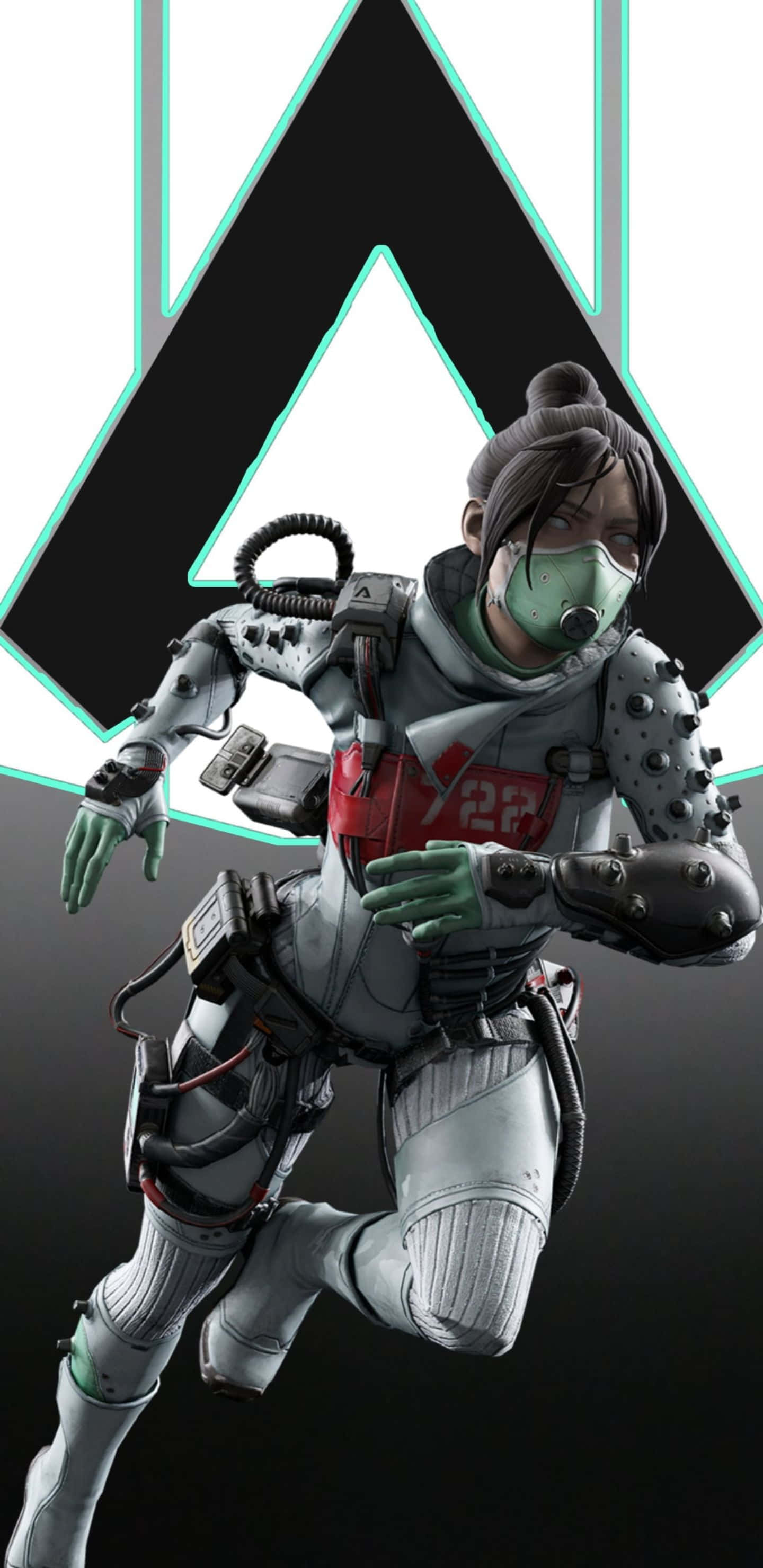 以 Pixel 3xl Apex Legends 挑戰極致遊戲體驗 壁紙 — 一名身穿白色裝甲裝備、帶有綠色點綴和面具的未來士兵，在發光的青綠色和黑色三角形標誌背景下動態奔跑。