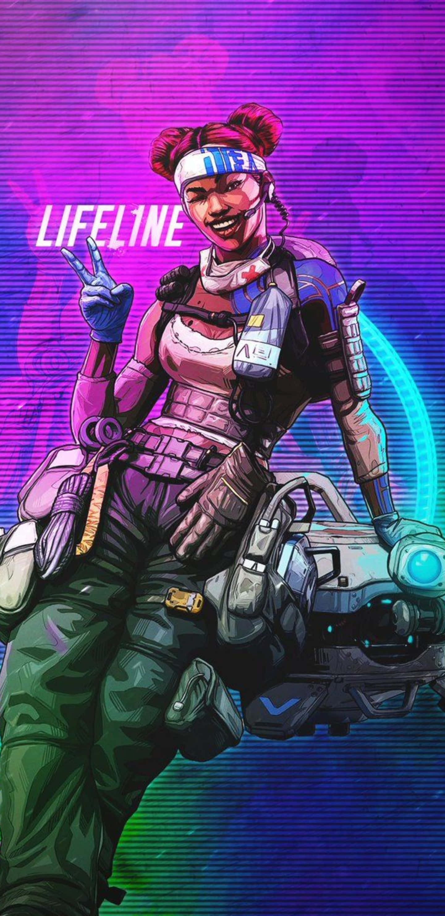 以 Pixel 3XL 和《Apex Legends》準備好迎接戰鬥 壁紙 — 一位開心的女兵穿著未來裝備，微笑並比出和平手勢，手持發光武器，背景是充滿活力的紫色和藍色數位背景。