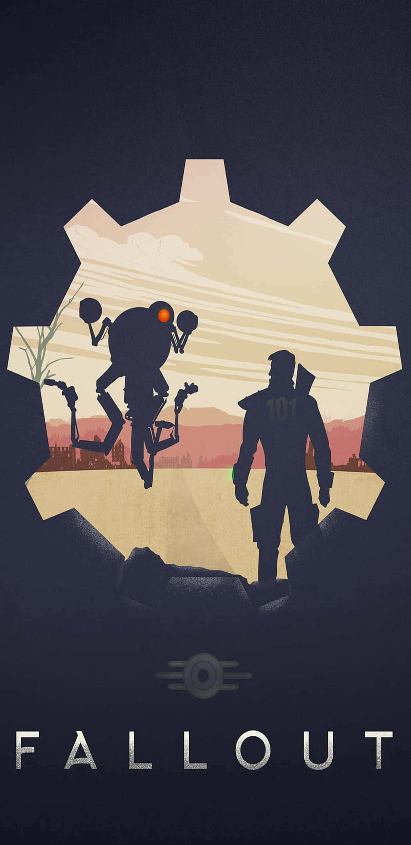 以 Pixel 3xl 探索 Fallout 76 的世界 壁紙 — 人類和機器人的剪影站在一個齒輪形狀的窗前，俯瞰著黃昏時分的末世荒原。