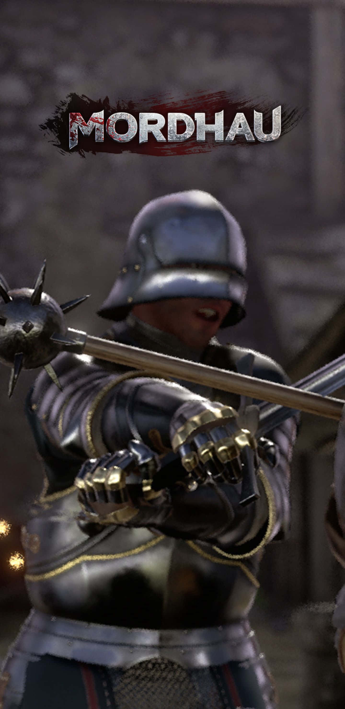 以 Pixel 3XL 深陷戰鬥，暢玩熱門遊戲《Mordhau》 壁紙 — 一位身穿精細盔甲的中世紀騎士，在石牆背景下專注地揮舞著帶刺狼牙棒。